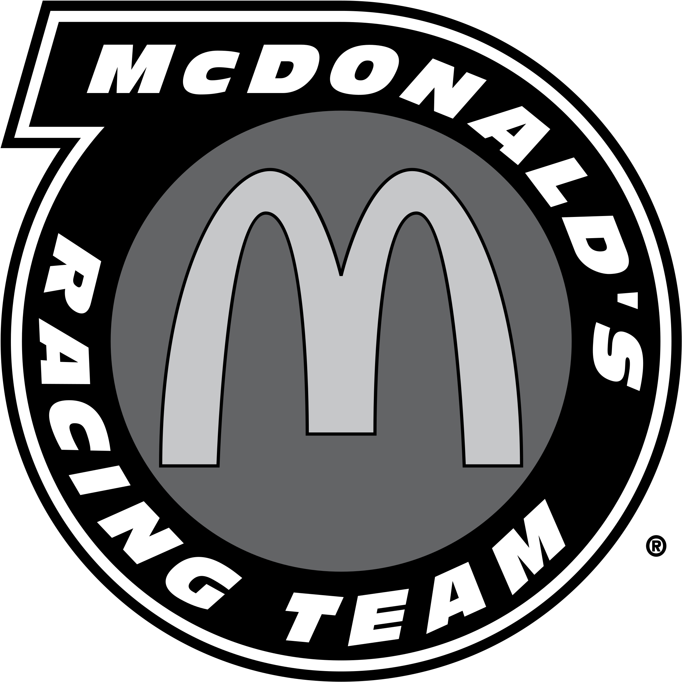 麥當勞 桌布 壁紙 — McDonald's Racing Team 的黑白標誌，帶有粗體字和標誌性的金色拱門，以灰階呈現。