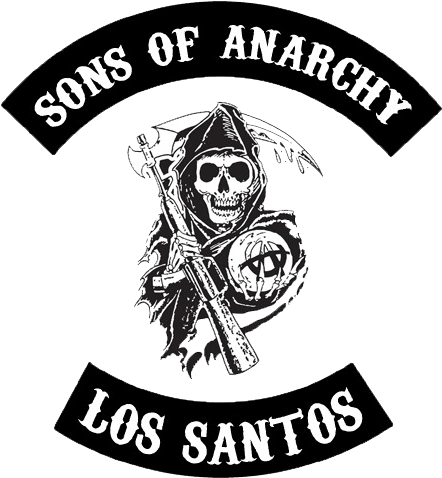 Sons Of Anarchy 桌布 壁紙 — Sons of Anarchy 的黑白標誌，描繪一個死神手持突擊步槍，下方有「Los Santos」字樣。