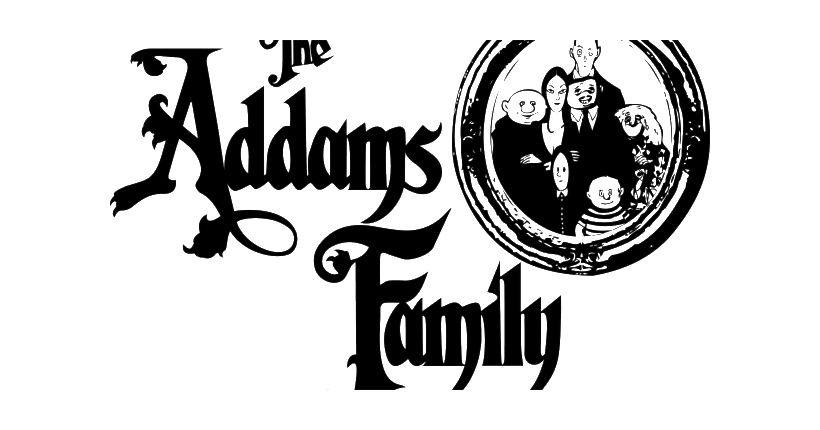 阿達一族 桌布 壁紙 — The Addams Family 的黑白標誌，帶有風格化的哥德式文字和圓形家庭肖像。