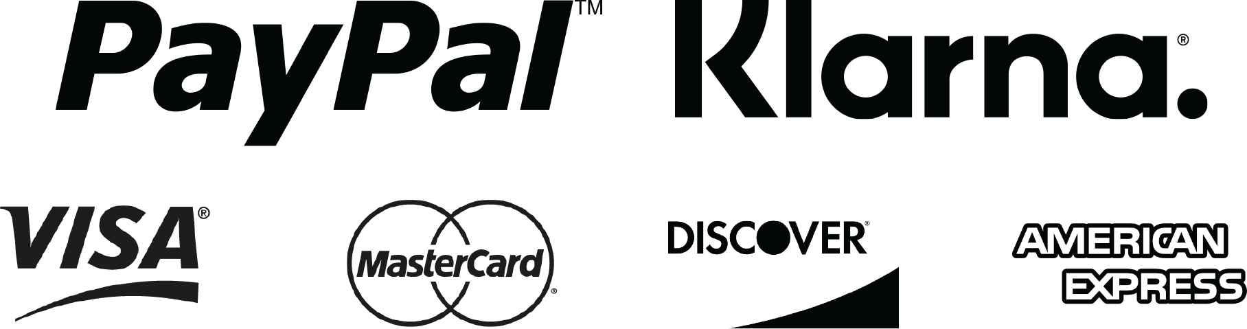PayPal 桌布 壁紙 — PayPal、Klarna、VISA、MasterCard、Discover 和 American Express 的黑白標誌水平排列。