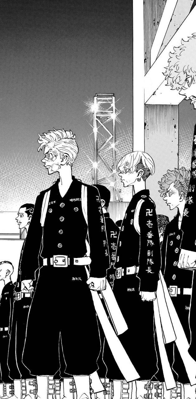 一群穿著制服的動漫角色在夜晚站在發光的塔附近。 — Mikey Tokyo Revengers 壁紙