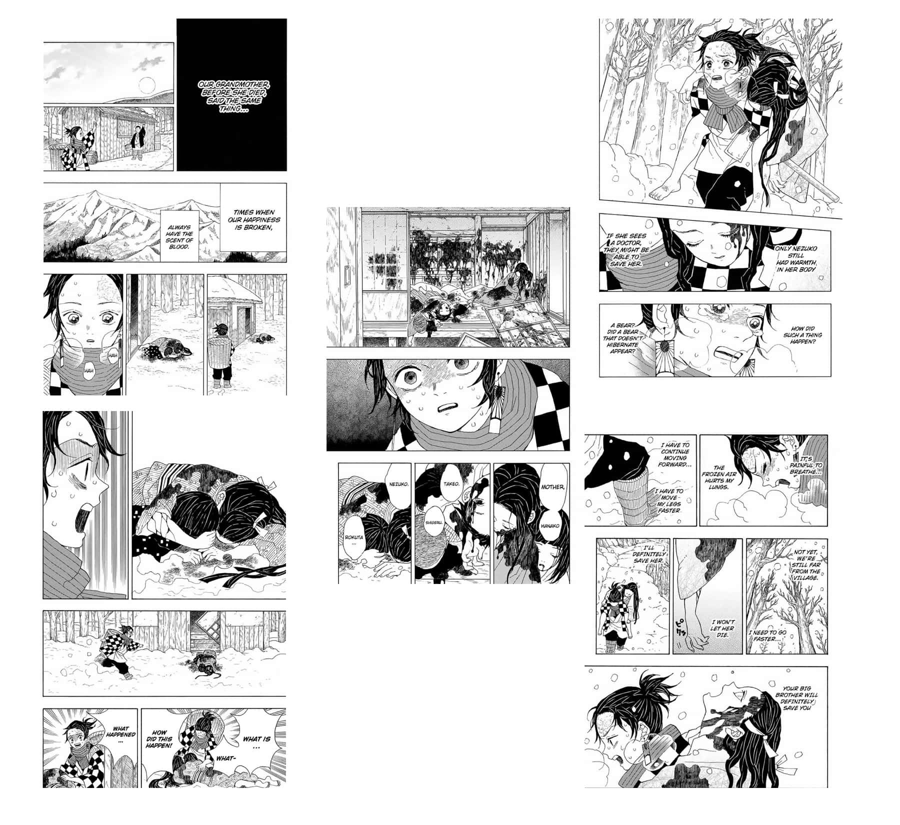  壁紙 — 黑白漫畫格描繪了一個雪森林場景，角色穿著格子服裝，對冰凍的屍體和情感對話作出反應。