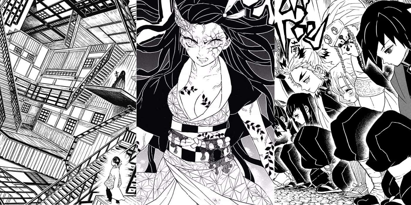  壁紙 — 黑白漫畫面板描繪了一個風格化的建築內部、一個惡魔般的女戰士，以及一群動態姿勢的激烈角色。