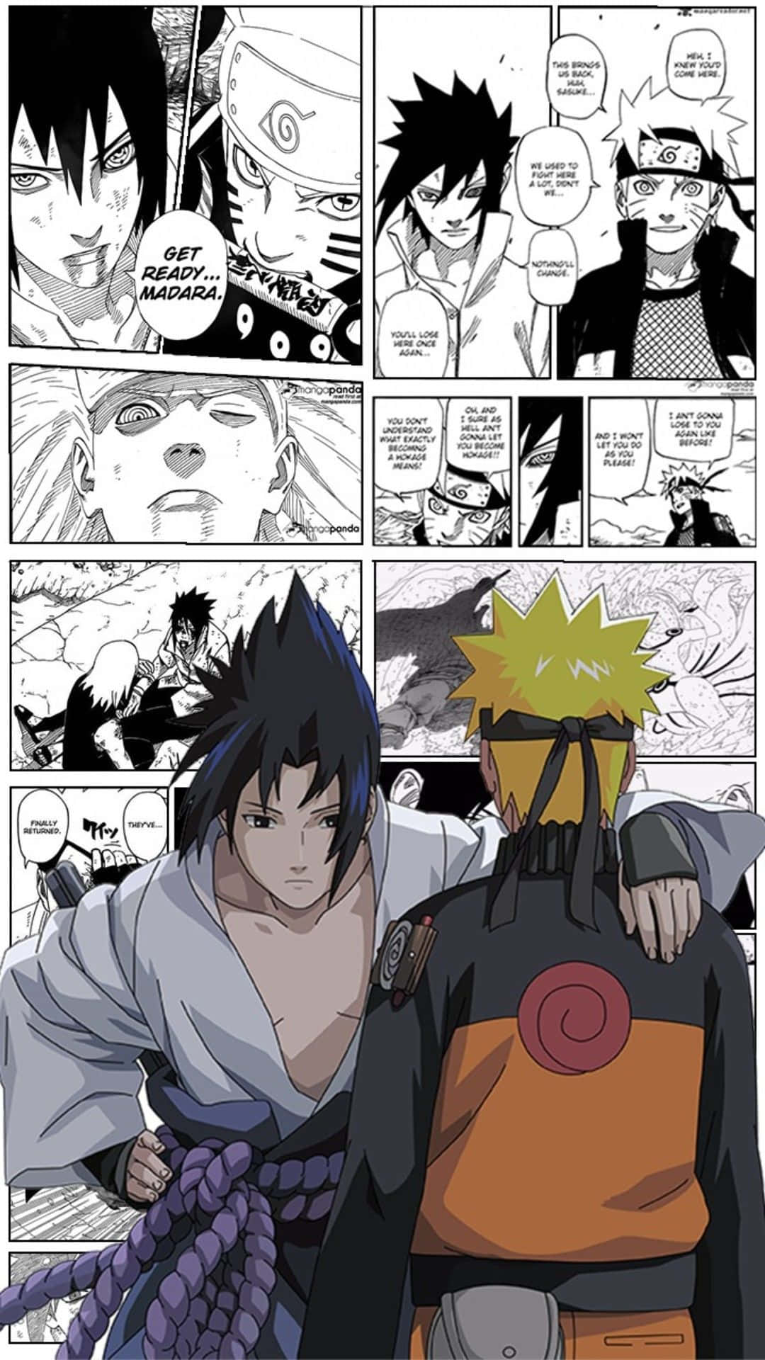 漫畫格顯示鳴人和佐助在情感對峙中並附有對話。 — Sasuke 壁紙