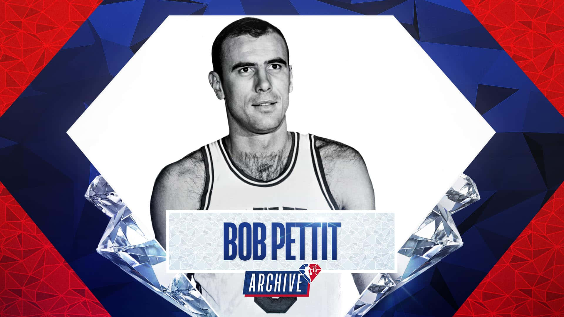 Bob Pettit身穿籃球球衣的肖像，帶有幾何紅藍背景和鑽石圖形。 — NBA 壁紙