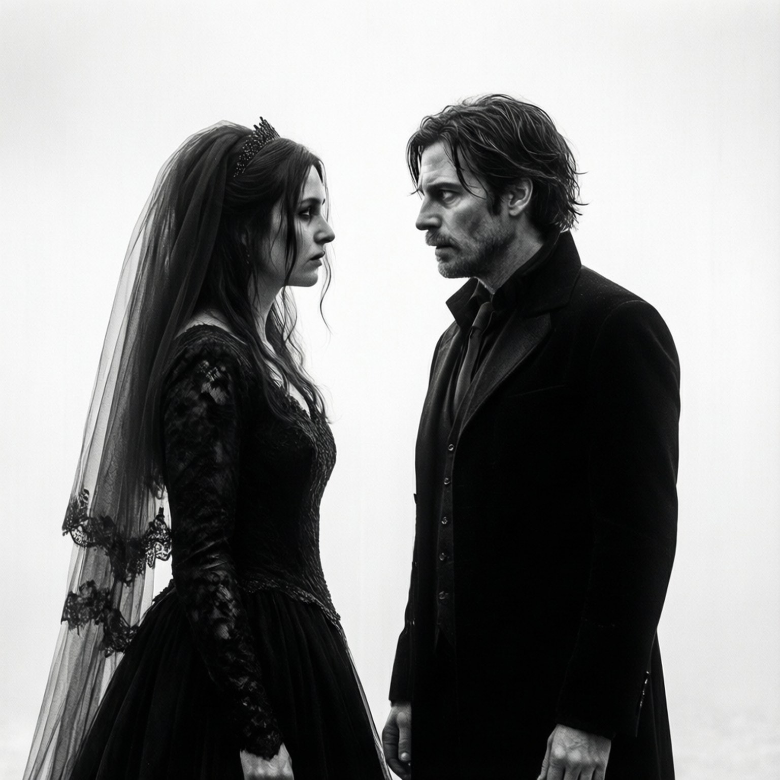 Josh and the Bride 壁紙 — 一張黑白肖像，新娘穿著蕾絲禮服和頭紗，面對著穿著深色外套的新郎，背景簡潔。