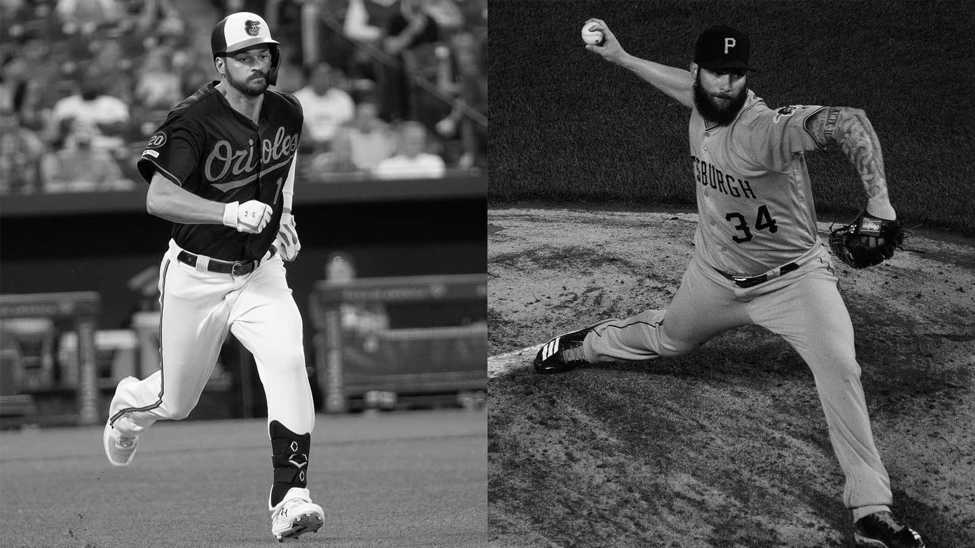 兩名棒球運動員的黑白圖像，一名在場上跑動，一名在投球。 — MLB 壁紙