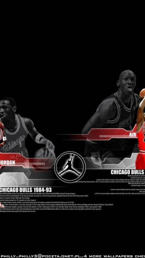 Michael Jordan 芝加哥公牛隊籃球運動員桌布，附文字和標誌。