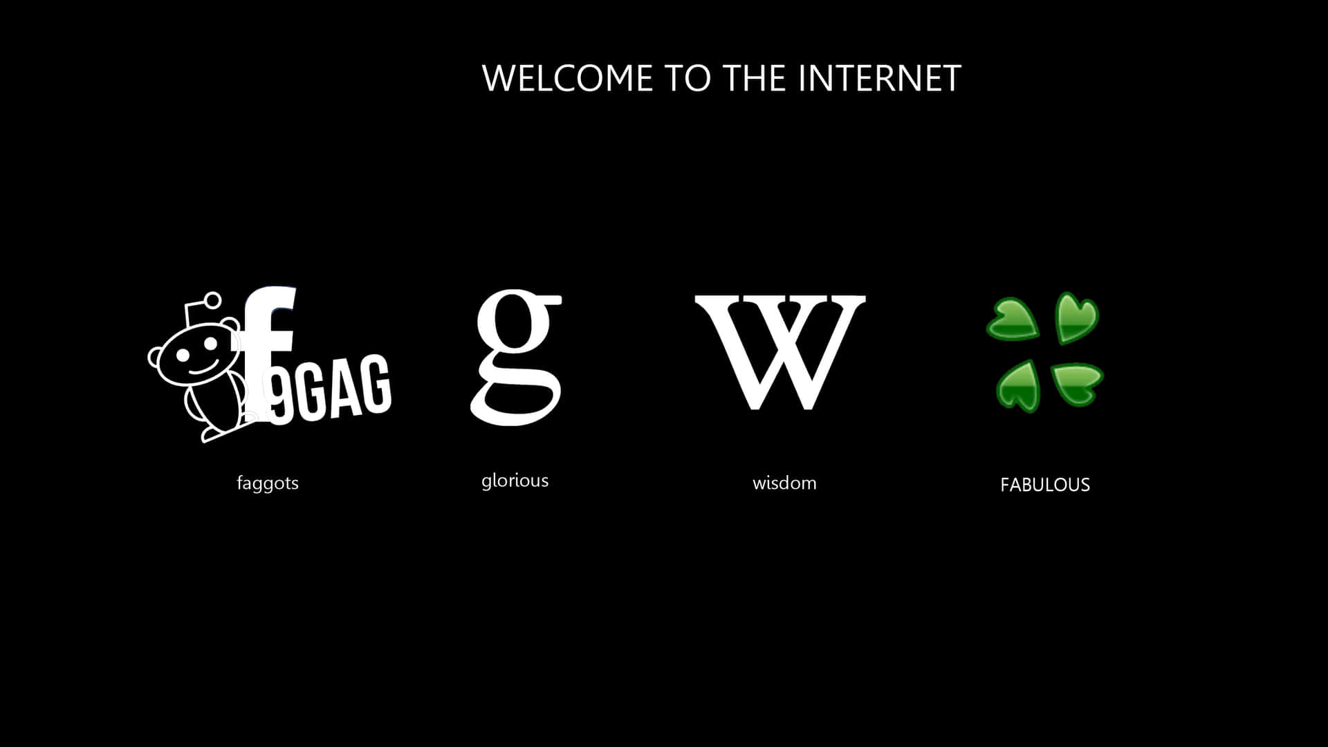  壁紙 — 黑色背景顯示白色文字和標誌，包括 'f9gag'、'glorious'、'wisdom' 以及一個綠色四葉草，下方有 'FABULOUS'。