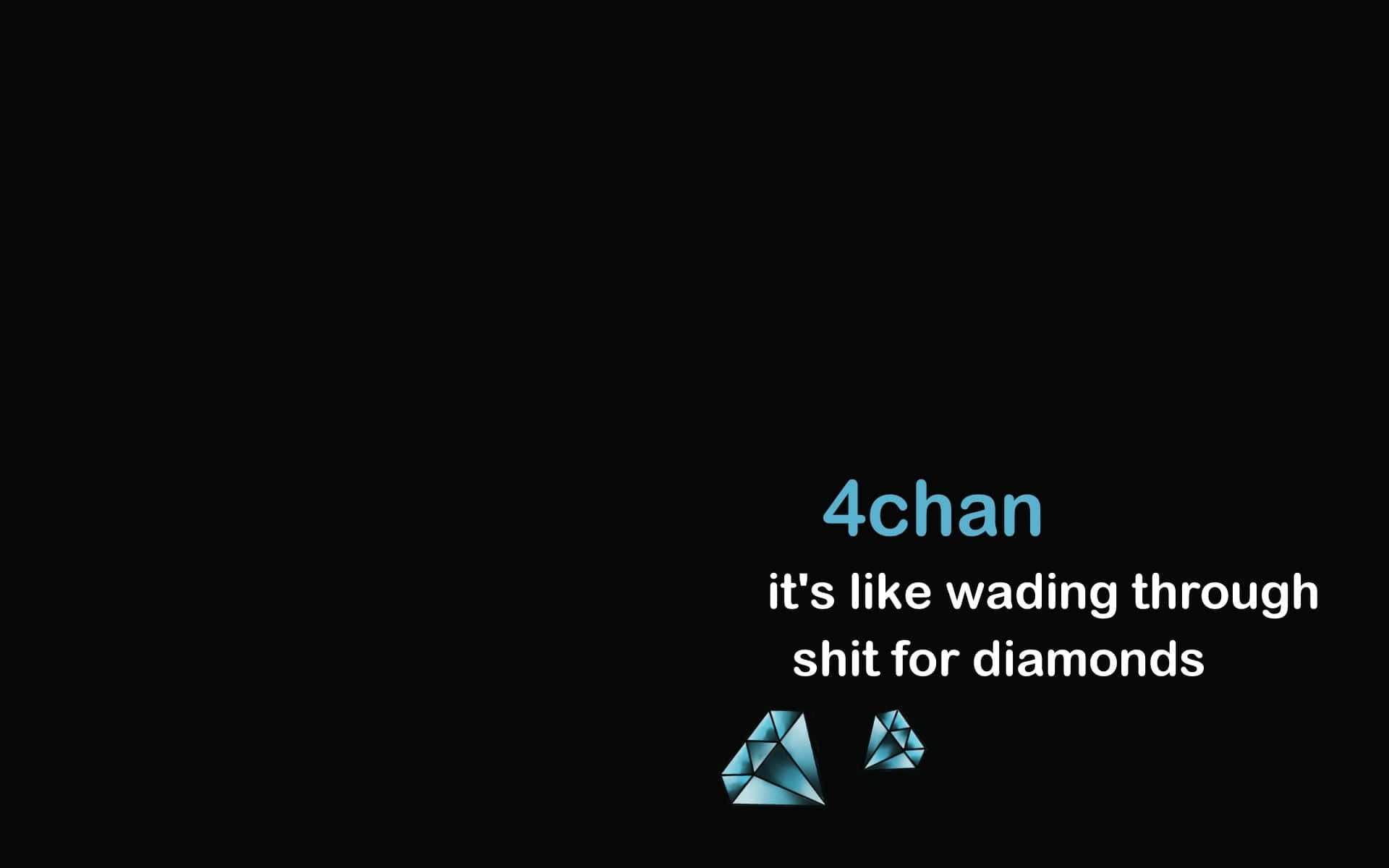  壁紙 — 黑色背景，帶有發光藍色 4chan 標誌和關於在糞便中跋涉尋找鑽石的文字。