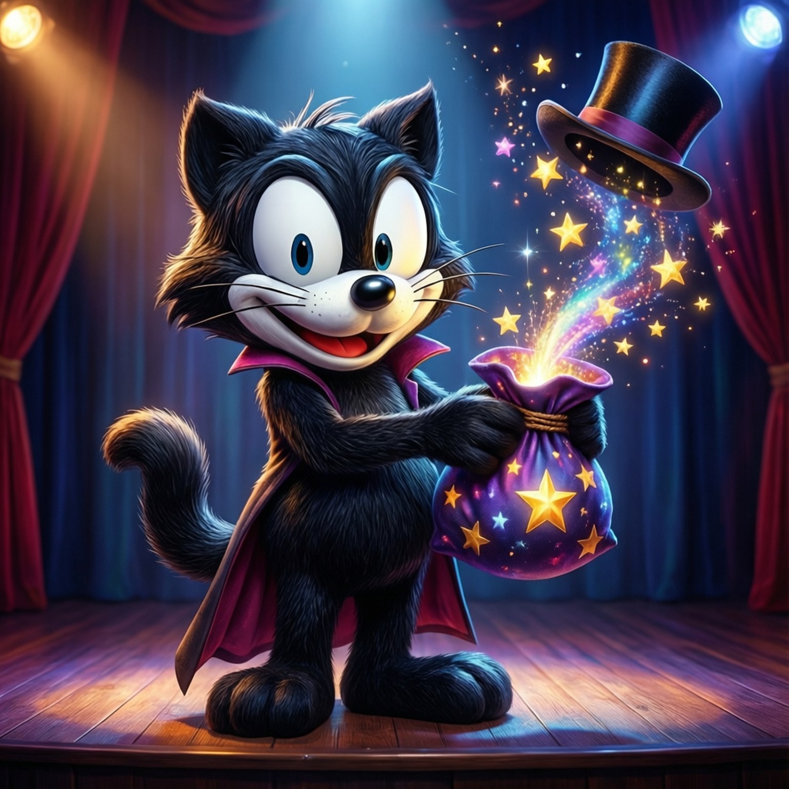 Felix the Magician 壁紙 — 一隻黑色卡通貓咪穿著紅色斗篷和高帽，站在木製舞台上，微笑著，在劇院燈光下，魔法星星從紫色星星袋中迸發出來。