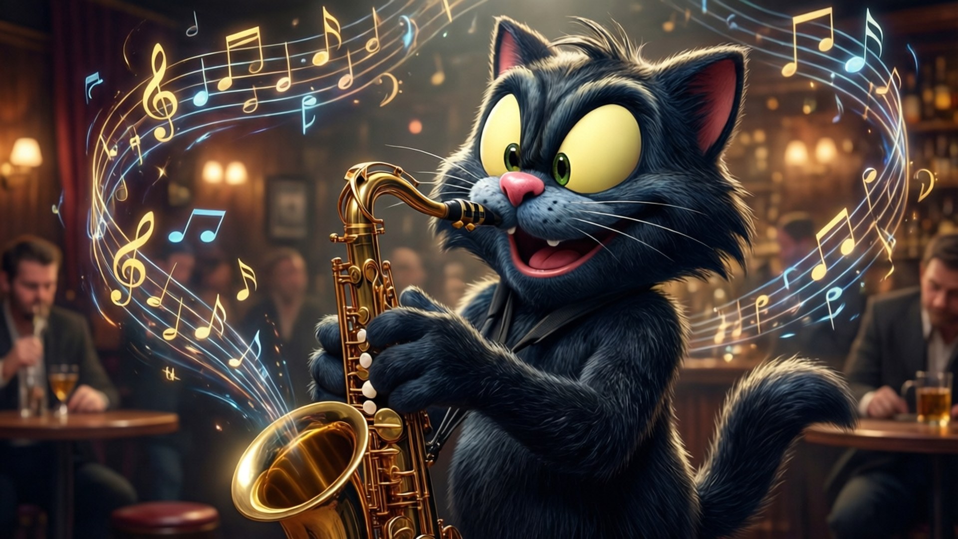 Jazz Saxophone Felix 壁紙 — 一隻黑色卡通貓咪，眼睛發光，在燈光昏暗的爵士酒吧裡吹奏金色薩克斯風，周圍漂浮著音符。