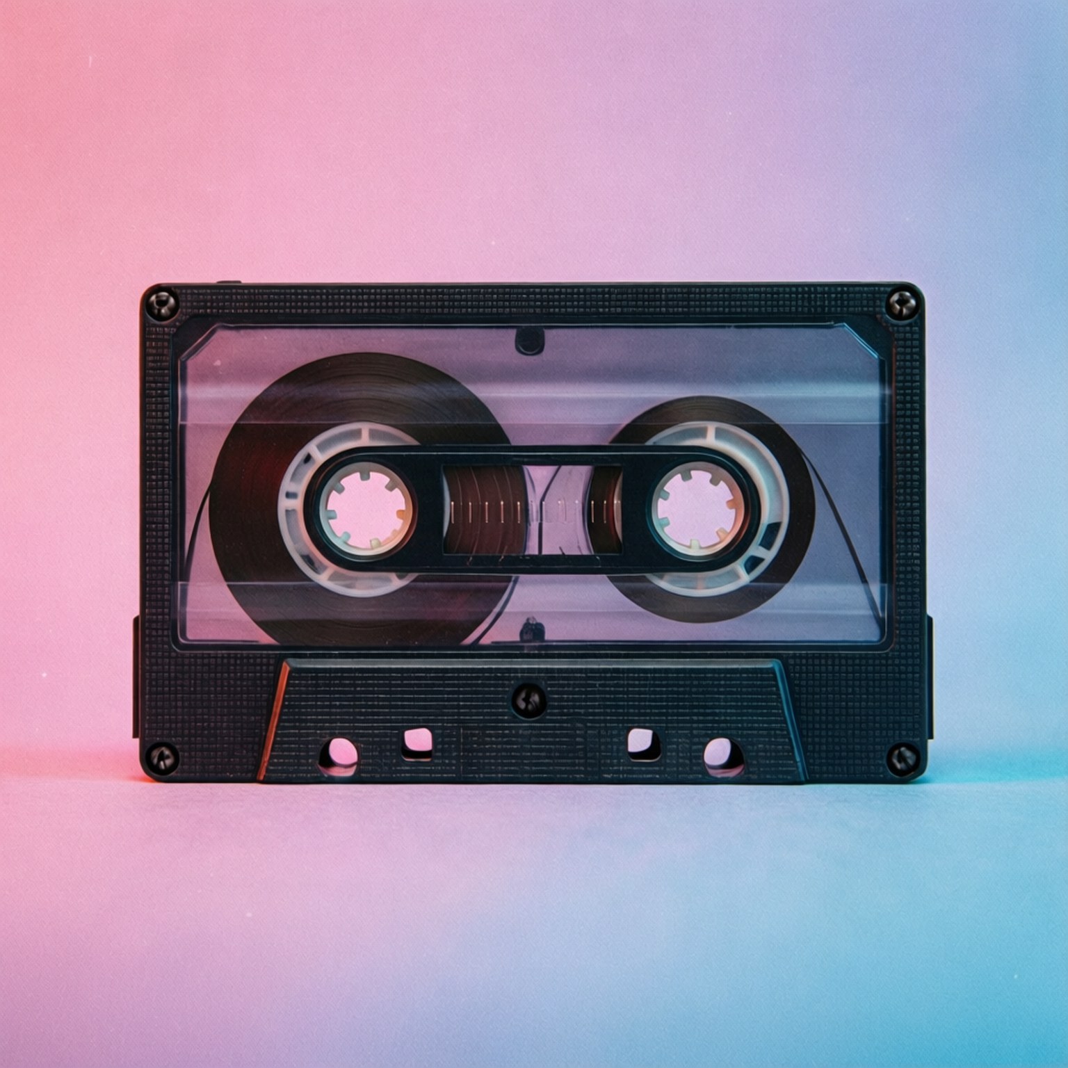 Retro Cassette Aesthetic 壁紙 — 一個黑色錄音帶置於粉紅到藍色漸變背景中央。
