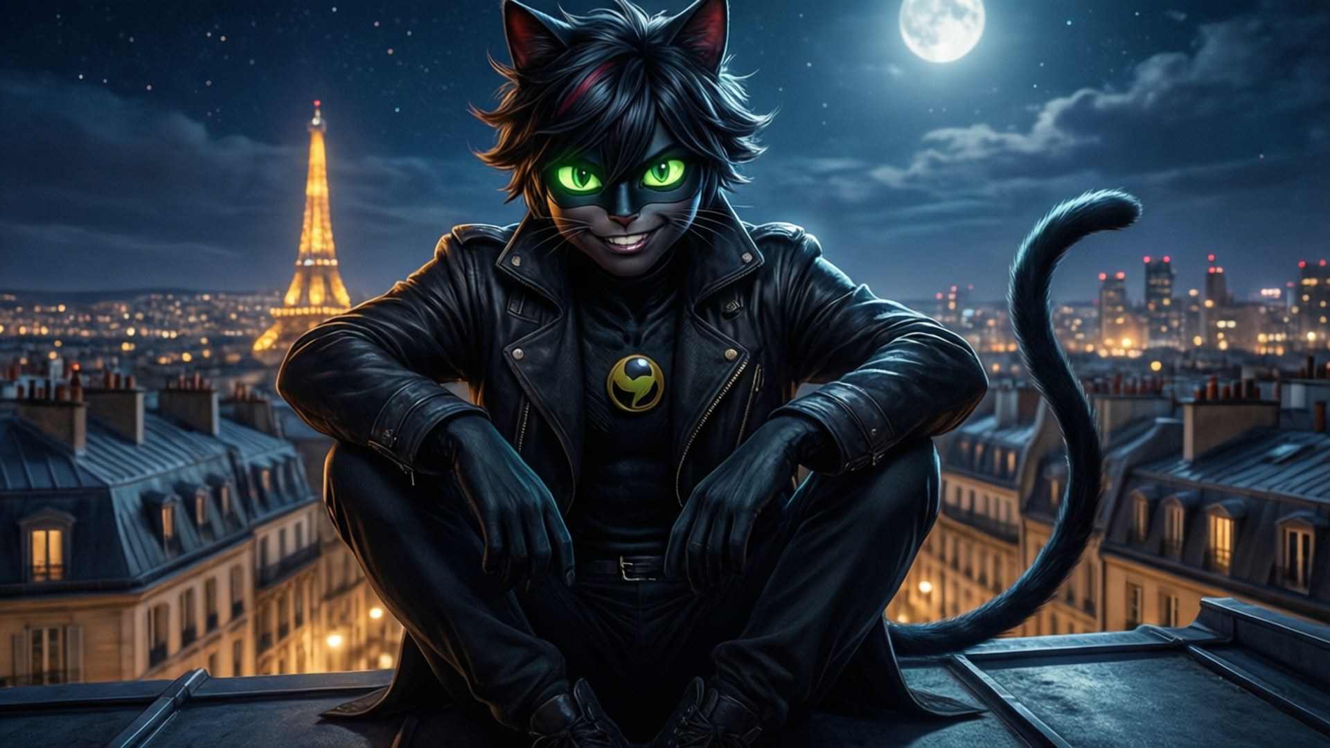 Cat Noir Night Rooftop 壁紙 — 一隻擁有發光綠色眼睛的黑色貓人形，自信地坐在巴黎屋頂上，背景是滿月下亮燈的艾菲爾鐵塔。