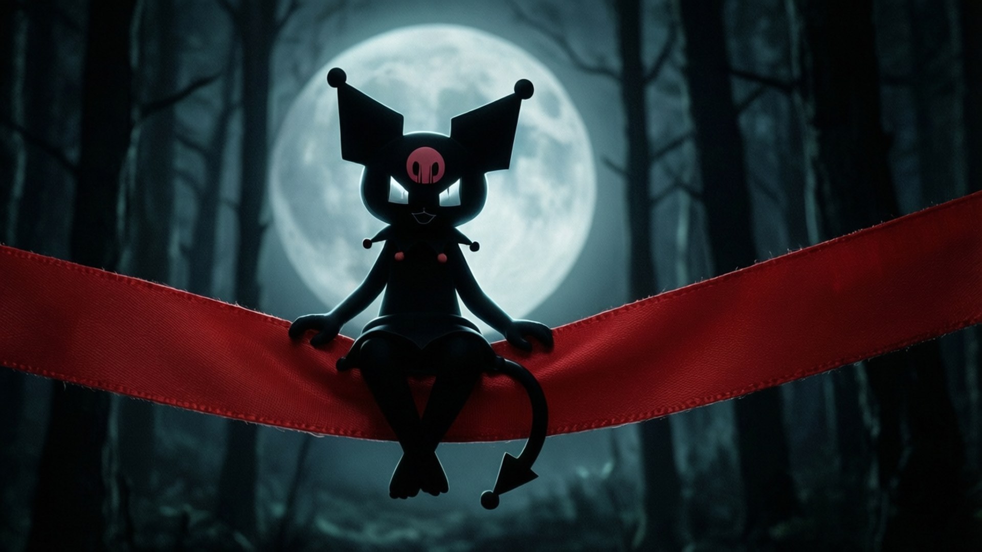 Silhouette Kyubey Moon 壁紙 — 一隻黑色貓狀生物，紅眼睛，坐在寬闊的紅色絲帶上，背景是滿月和黑暗的森林樹木。