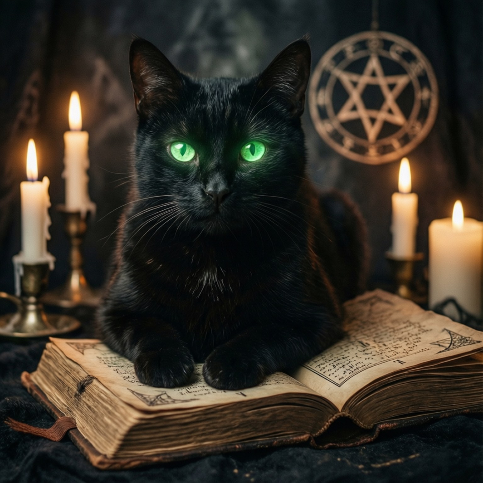 Occult Cat Spellbook 壁紙 — 一隻擁有發光綠色眼睛的黑貓，躺在一本打開的古老書籍上，周圍環繞著點燃的蠟燭和五角星符號。