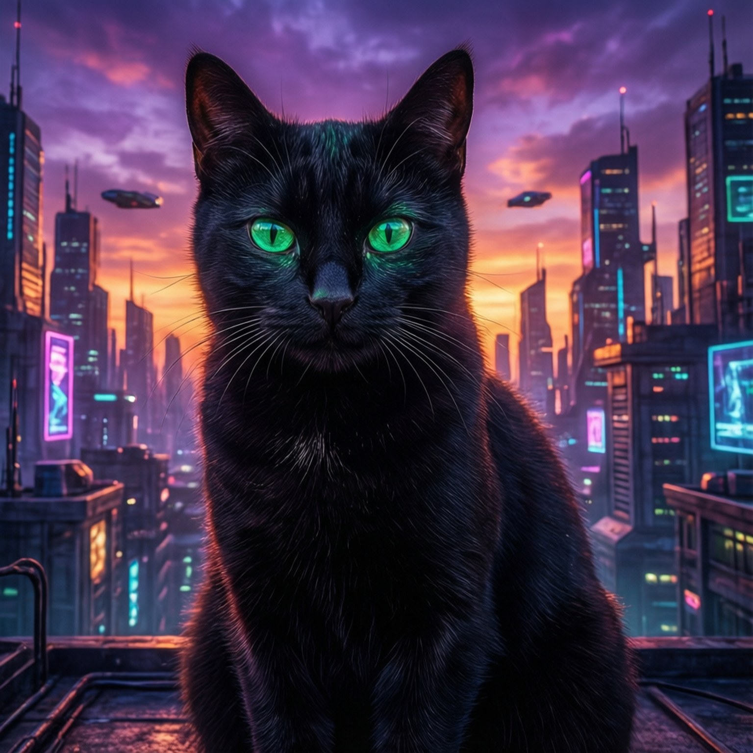 1080x1080 桌布 壁紙 — 一隻黑貓閃爍著綠色眼睛，坐在屋頂上，俯瞰著暮色中霓虹閃爍的未來城市景觀。