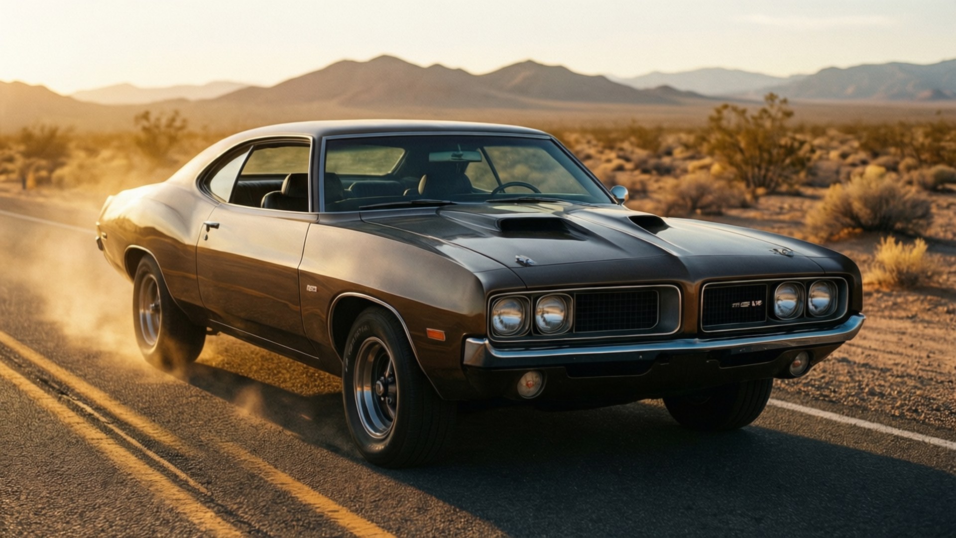 Desert Muscle 壁紙 — 一輛黑色經典肌肉車在沙漠公路上高速行駛，揚起灰塵，背景是夕陽和山脈。