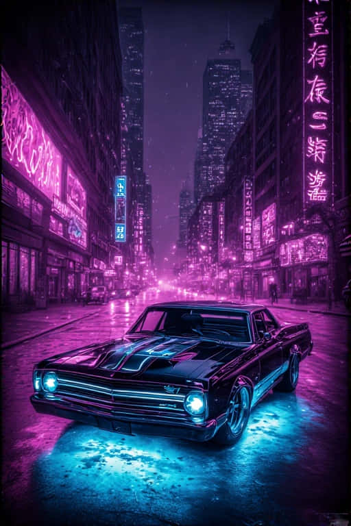 黑色經典肌肉車帶有發光的車頭燈，在雨夜的霓虹燈城市街道上。 — 4K 壁紙