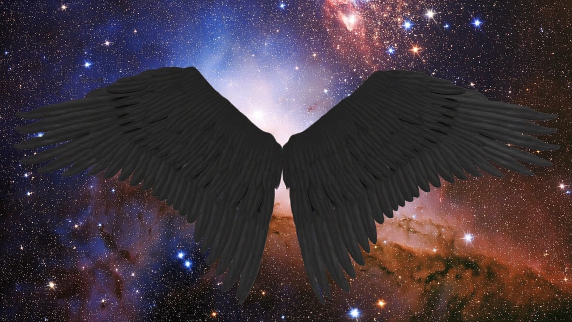 Black Wings in Nebula 壁紙 — 黑色羽毛翅膀在充滿星星、星雲和發光銀河雲的鮮豔宇宙背景下展開。
