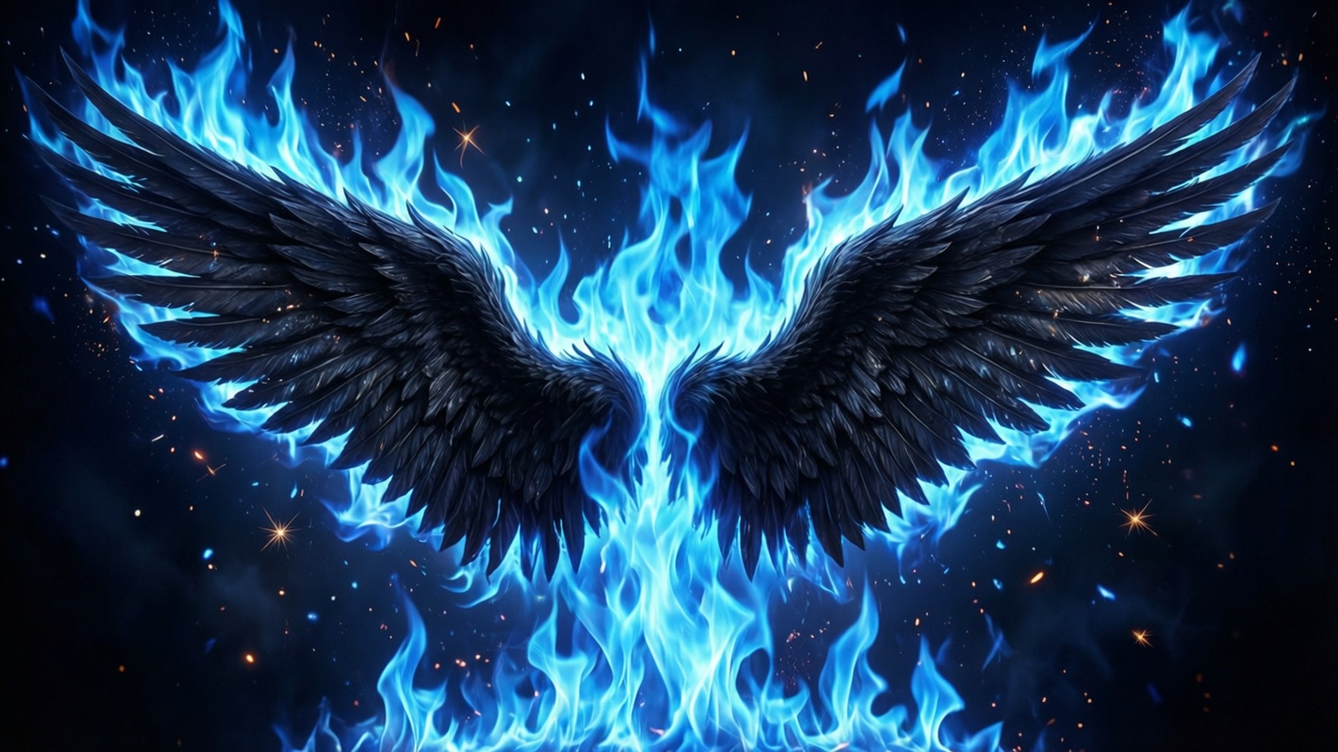 Blue Fire Wings 壁紙 — 黑色羽毛翅膀張開，被鮮豔的藍色火焰包圍，背景是星光閃爍的宇宙夜空。