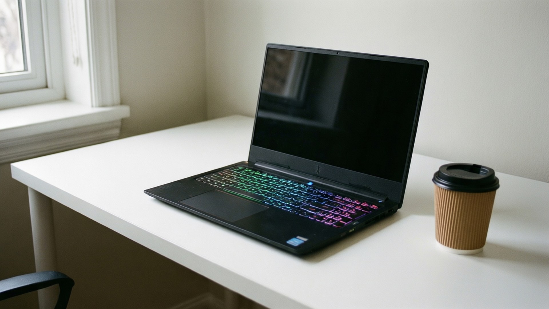 Minimalist Gaming Laptop 壁紙 — 一台黑色電競筆記型電腦帶有彩虹背光按鍵，打開放在白色桌子上，旁邊有一個棕色紙咖啡杯，靠近窗邊。