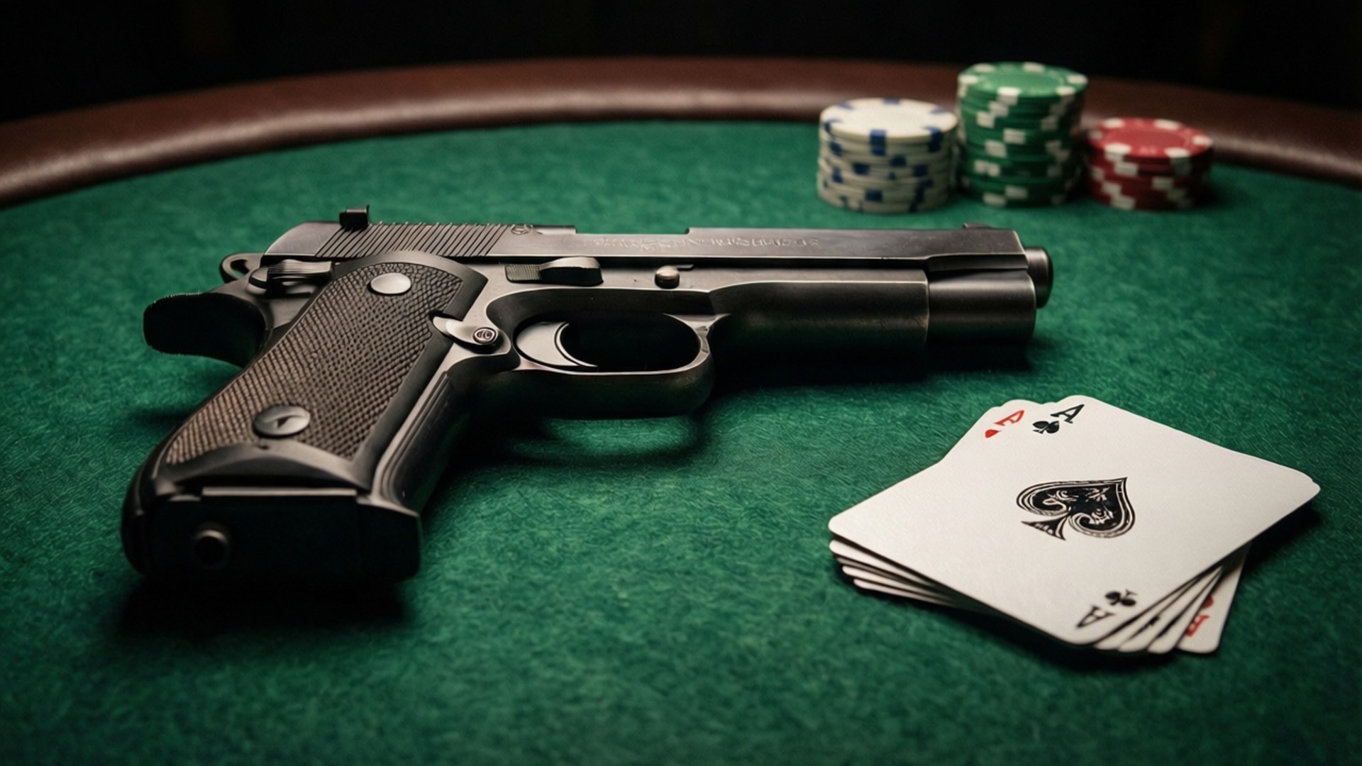 Casino Gun Hand 壁紙 — 一支黑色手槍放在綠色氈賭桌上，旁邊有一堆籌碼和展開的Ace牌。