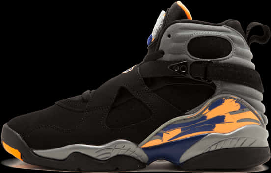 黑色高筒運動鞋，帶有橙色、藍色和灰色點綴，背景為黑色。 — Air Jordan 壁紙