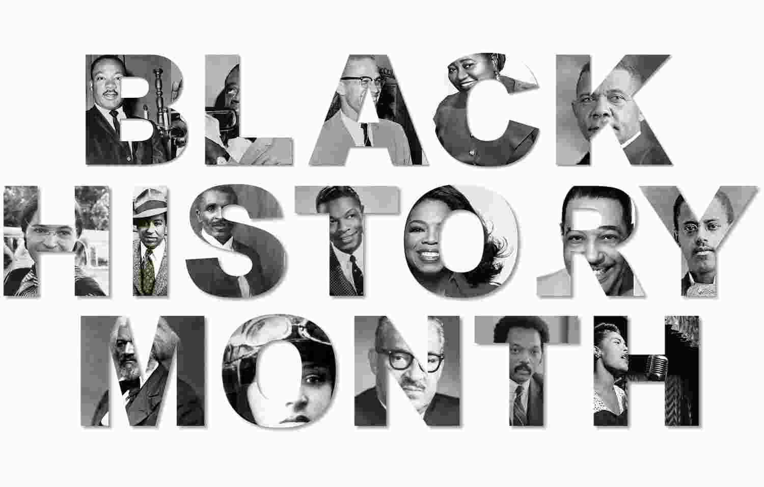 黑白 桌布 壁紙 — Black History Month 文字由有影響力的非裔美國人物的黑白肖像組成。