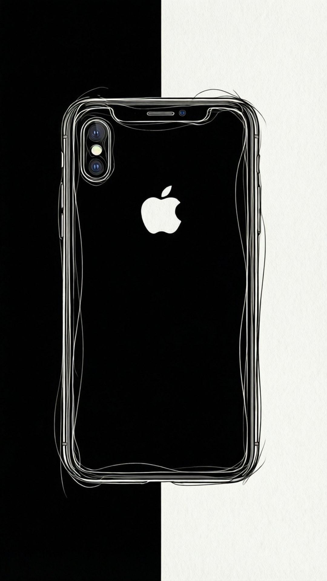 Line Art iPhone XR 壁紙 — 一部黑色iPhone X，白色Apple標誌居中，背景為鮮明的黑白分割背景。