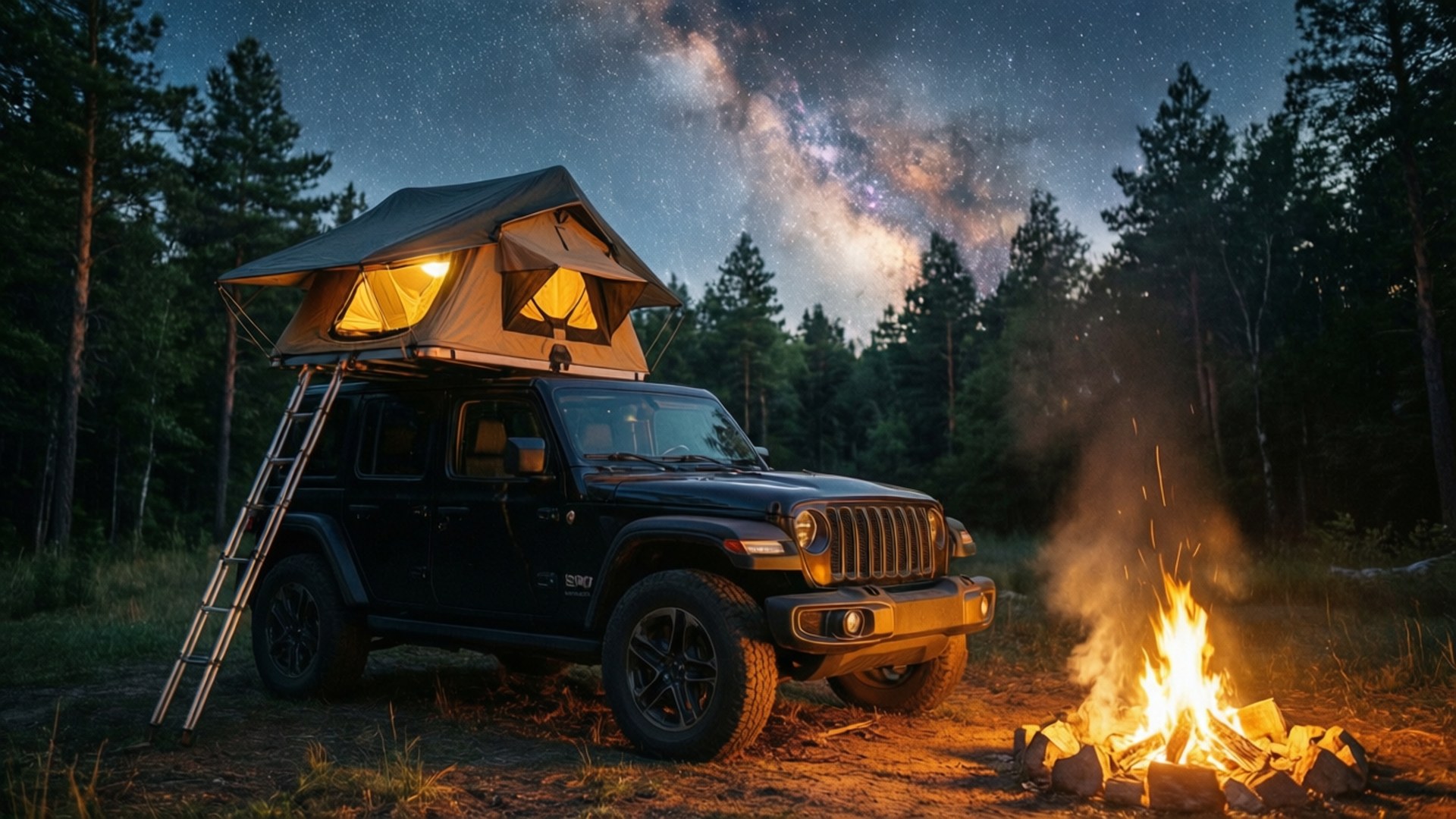 Starry Night Camping 壁紙 — 一輛黑色Jeep Wrangler配備車頂帳篷，在星空下閃耀，附近松林中營火噼啪作響。
