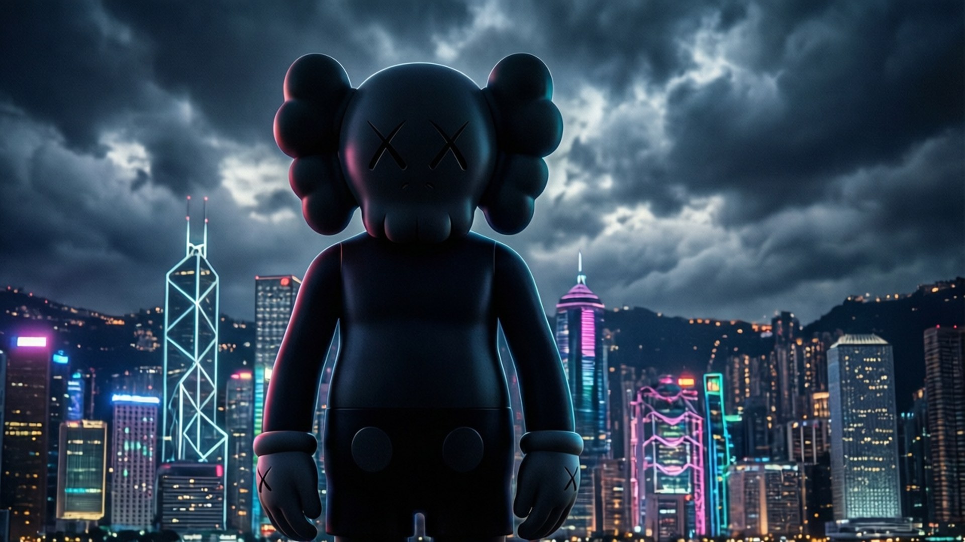 Neon City Companion 壁紙 — 一個黑色KAWS人偶站在霓虹燈照亮的香港天際線前，背景是暴風雲。