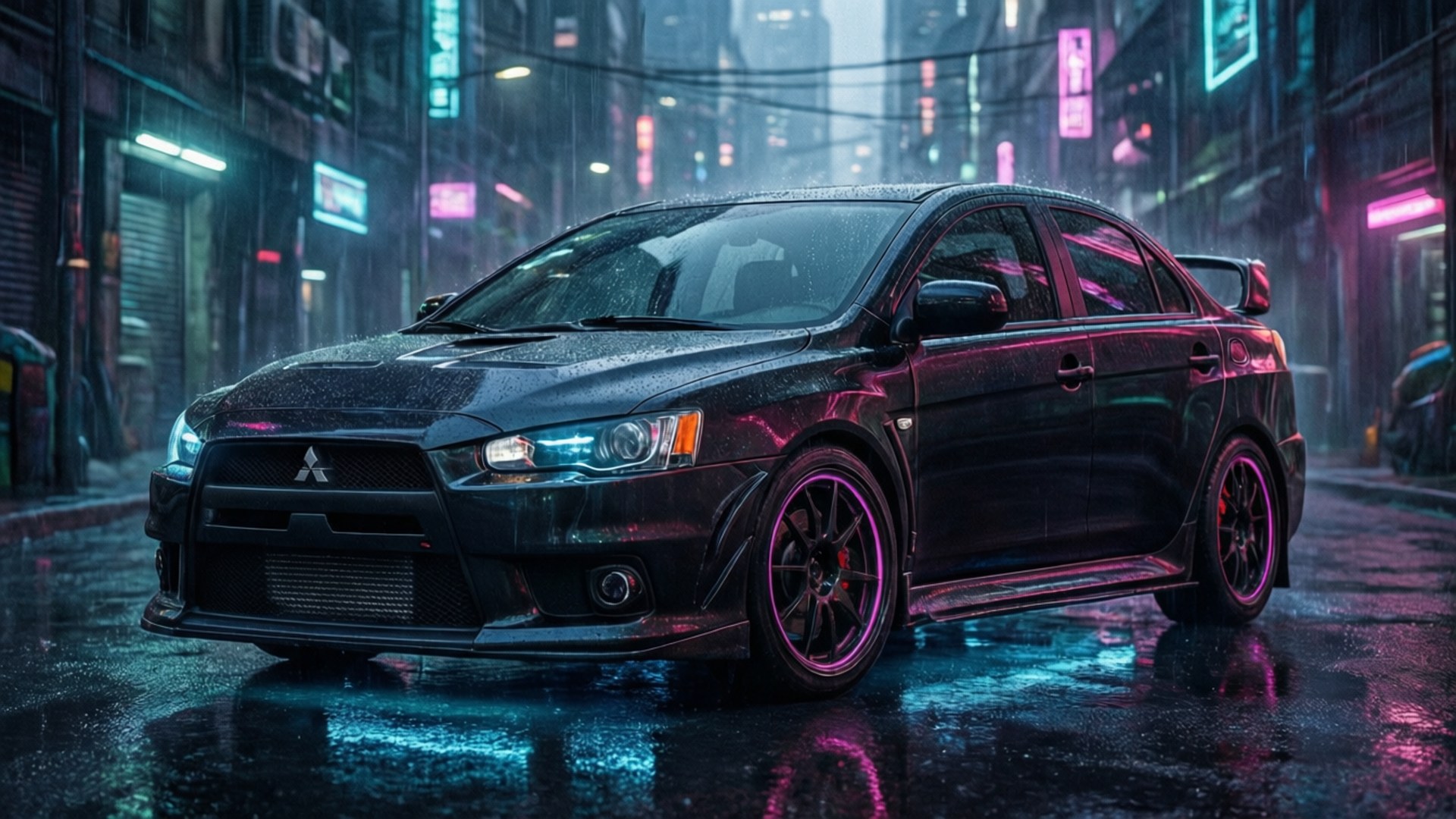 Neon Evo Night 壁紙 — 一輛黑色三菱Lancer Evolution在霓虹燈下閃耀，行駛在雨濕的賽博朋克城市街道上。