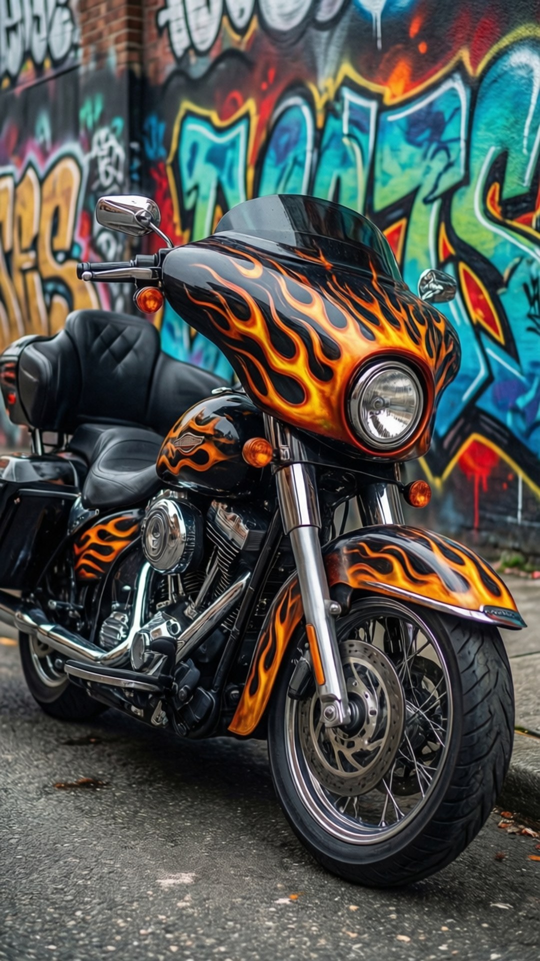 Flames and Graffiti 壁紙 — 一輛帶有橙色火焰貼花的黑色機車，停在色彩繽紛的塗鴉牆前。