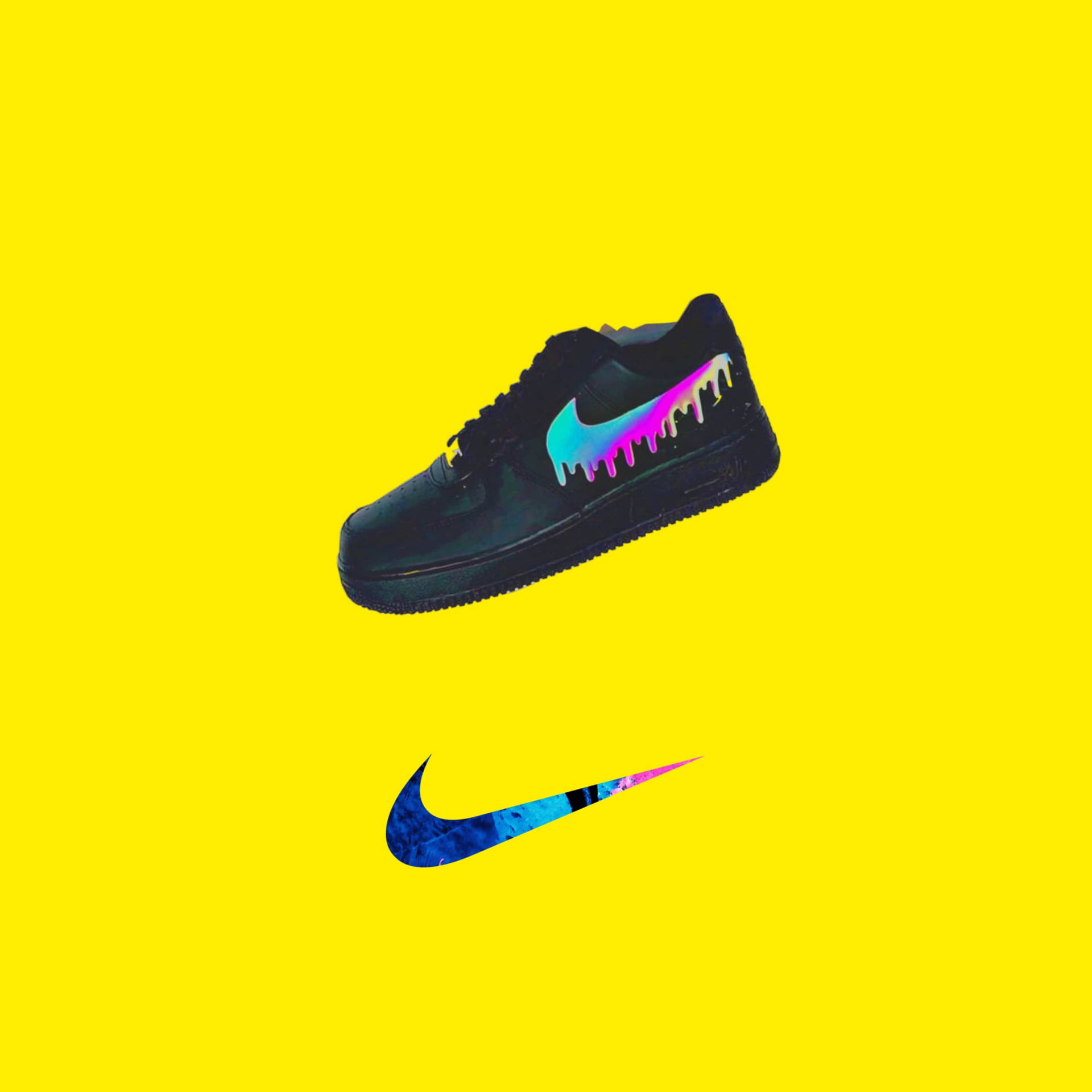 黑色Nike運動鞋，帶滴落霓虹標誌，黃色背景配勾號。 — Jordan Logo 壁紙