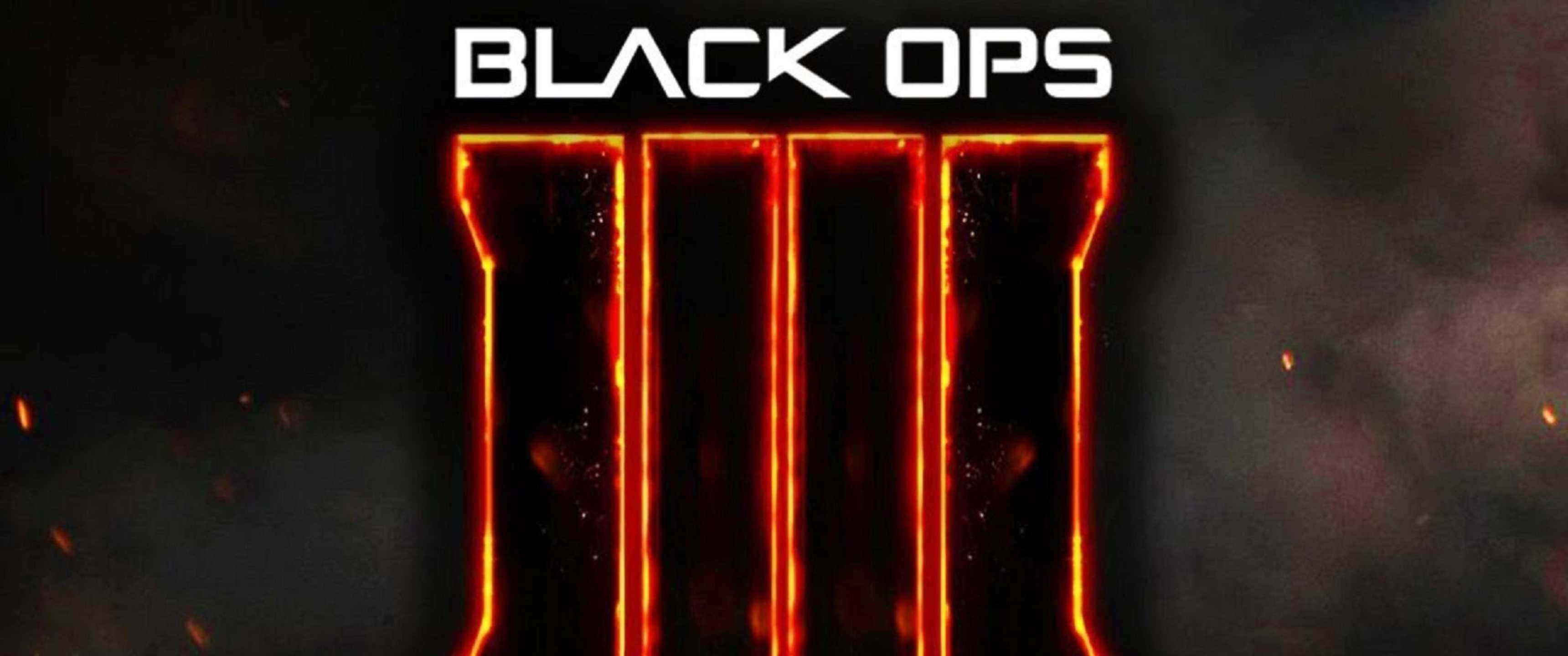 3440x1440p Call Of Duty Black Ops 4 桌布 壁紙 — Black Ops III 標誌在黑暗煙霧背景中發出火橙色光芒，並有漂浮的火花。