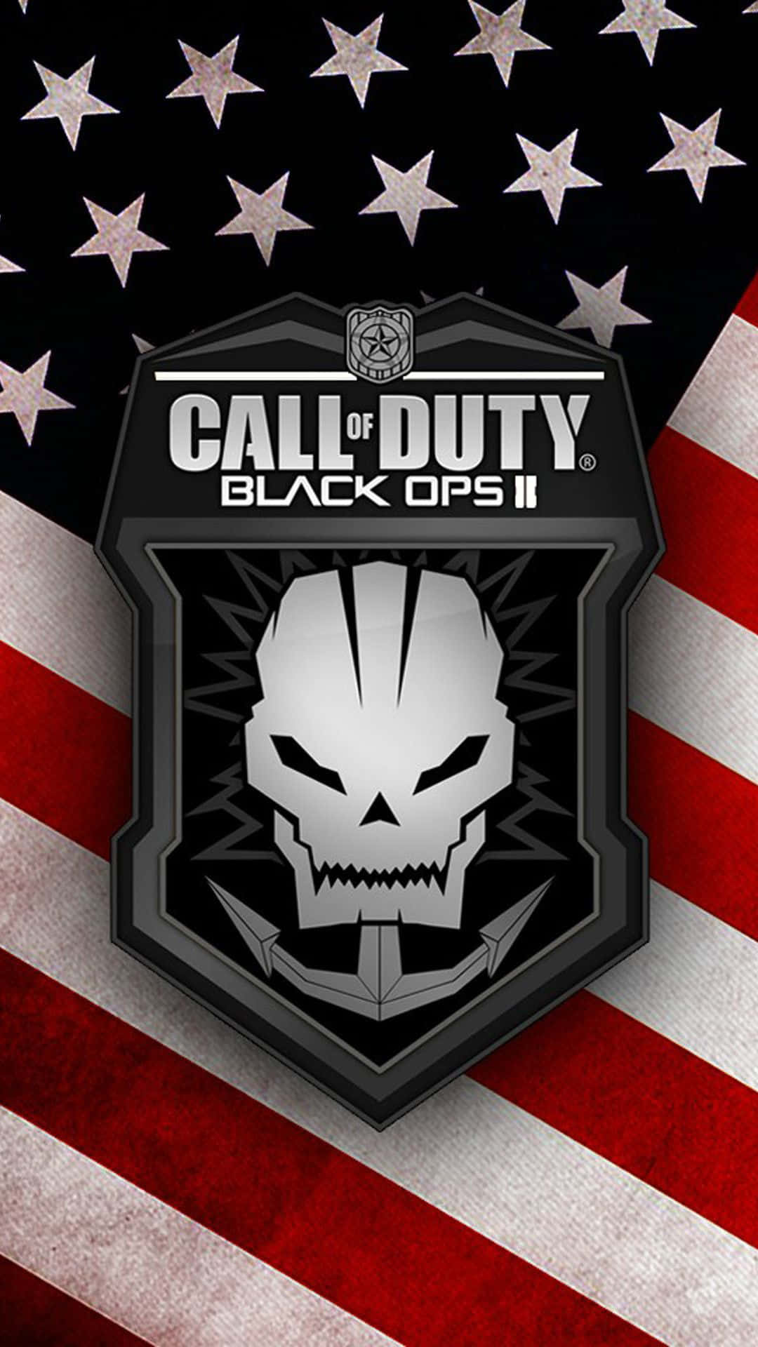 iPhone 桌布 壁紙 — Call of Duty Black Ops II 的黑色行動骷髏標誌，置中在風化的美國國旗背景上。