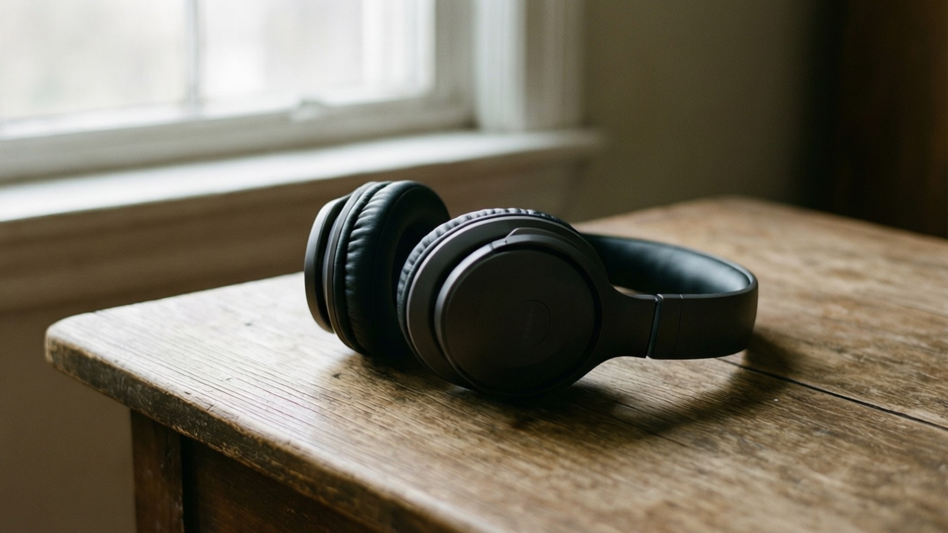 Minimal Headphones 壁紙 — 黑色頭戴式耳機放在窗邊一張經風化的木桌上。