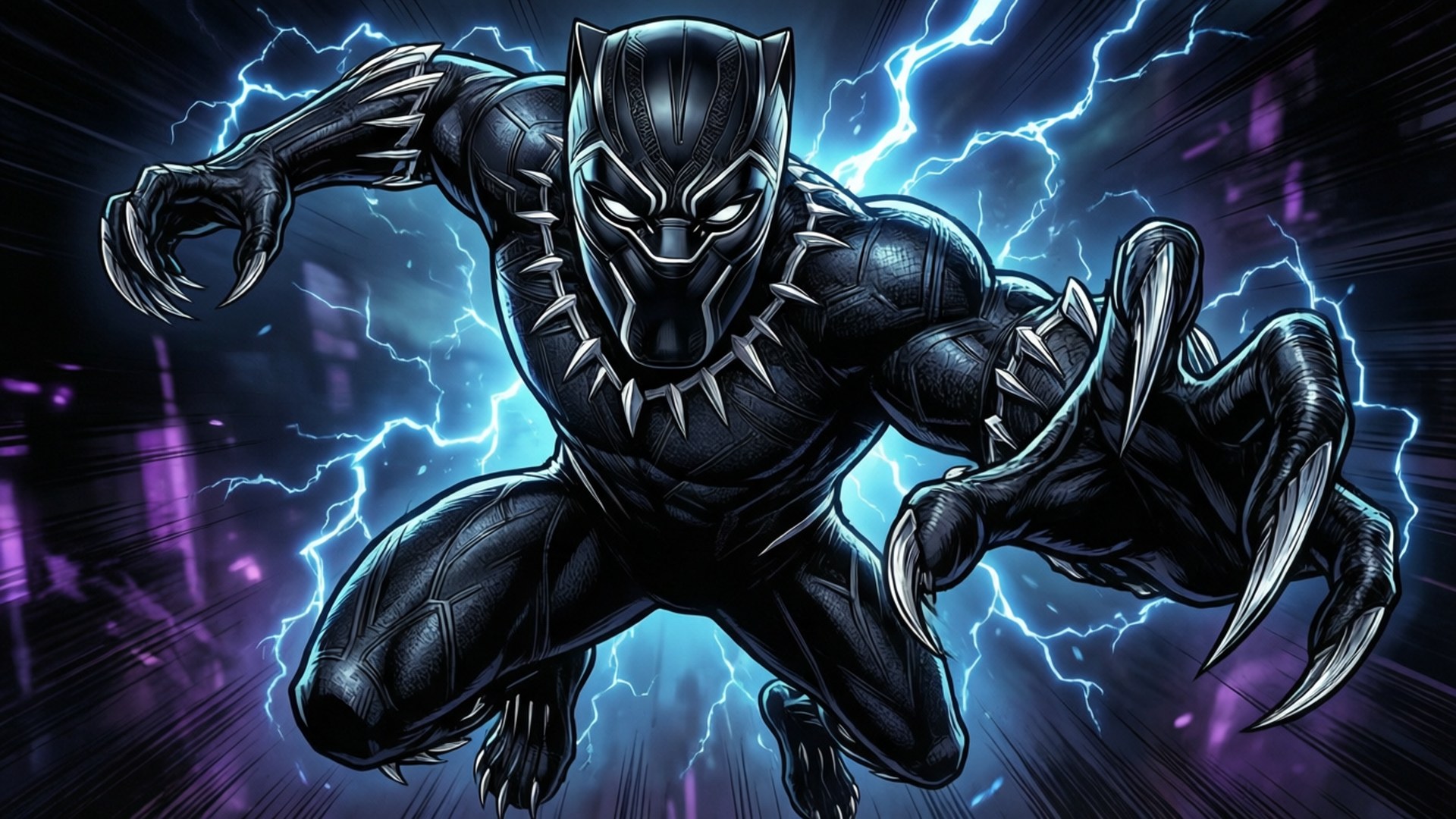 Claws of Vibranium 壁紙 — 黑豹穿著黑色戰衣，伸出利爪，在電光藍色閃電和紫色城市燈光的背景下向前躍進。