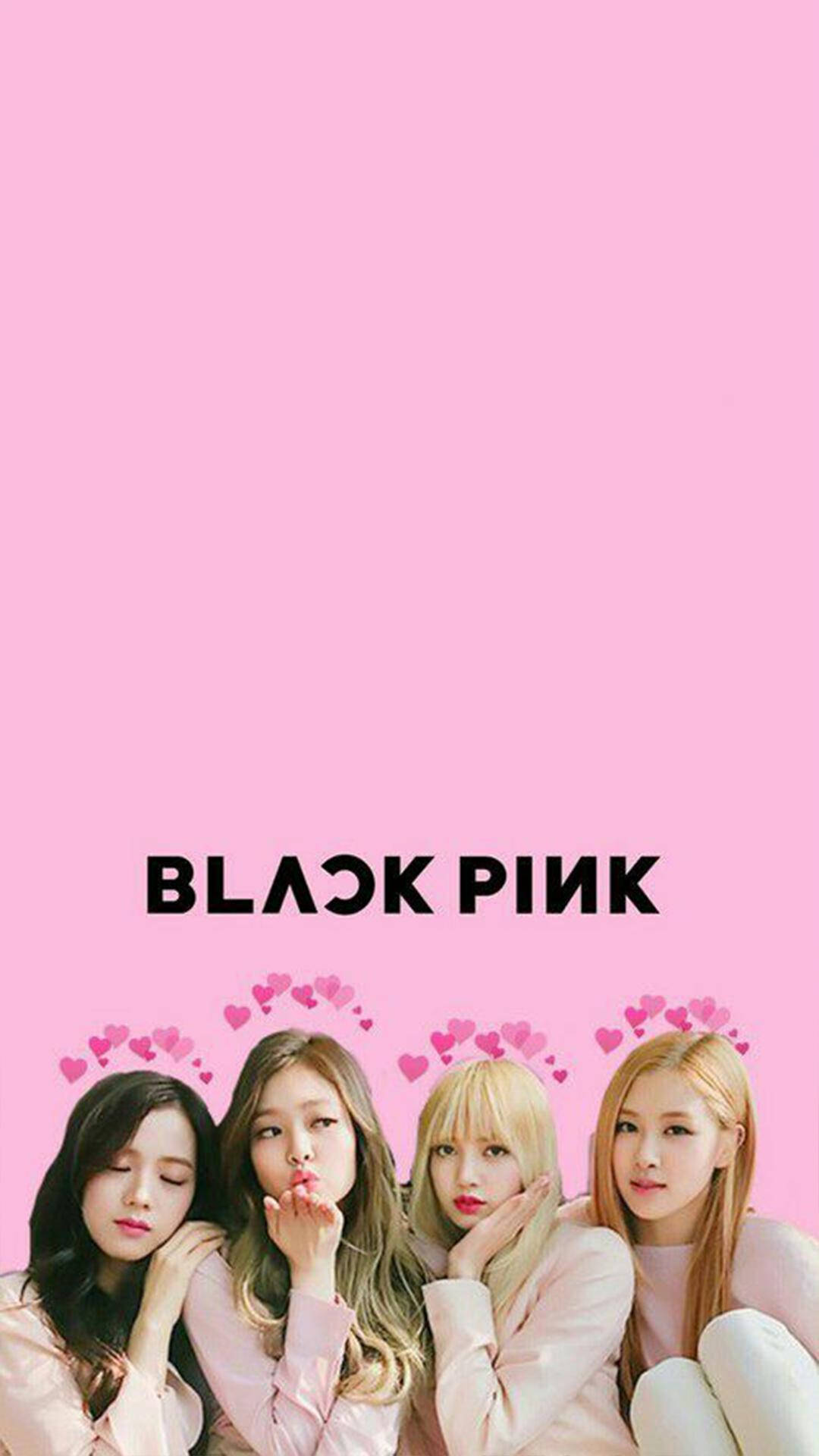 BLACKPINK 桌布 壁紙 — BLACK PINK 四位成員在純粉紅色背景前擺姿勢，心形圖案漂浮在她們頭頂。