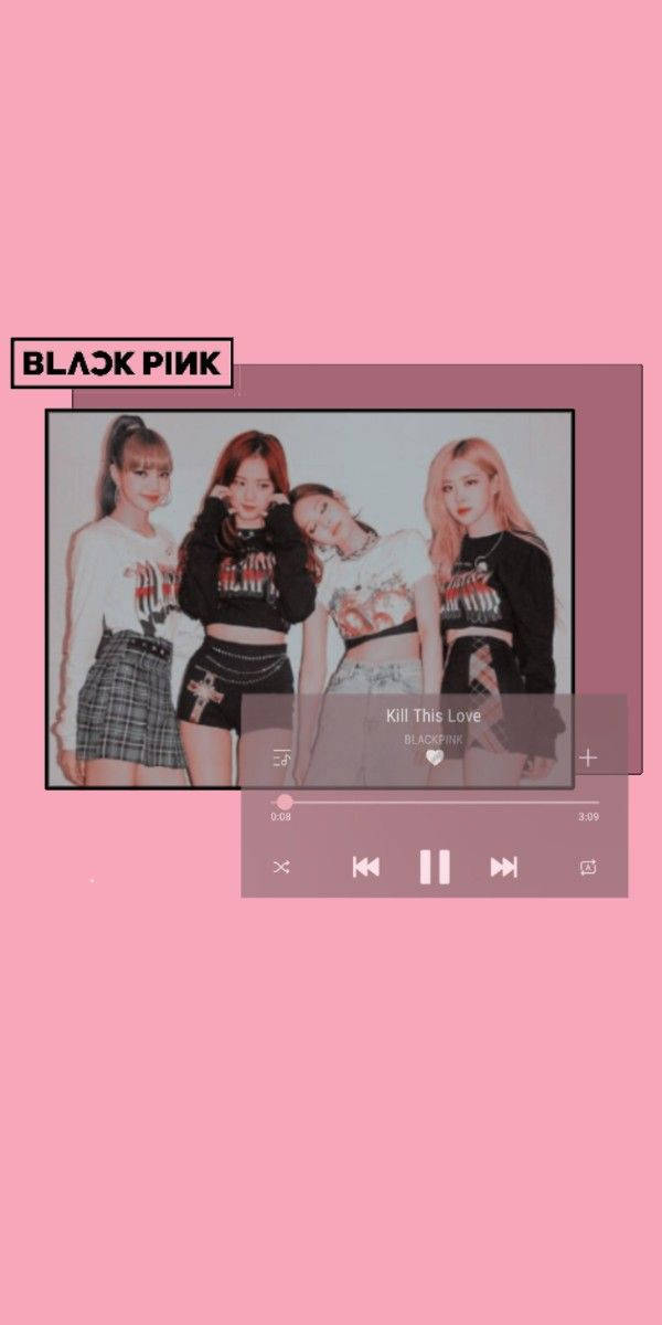 BLACKPINK 桌布 壁紙 — Black Pink 成員在音樂播放器介面中擺姿勢，背景為柔和粉紅色。