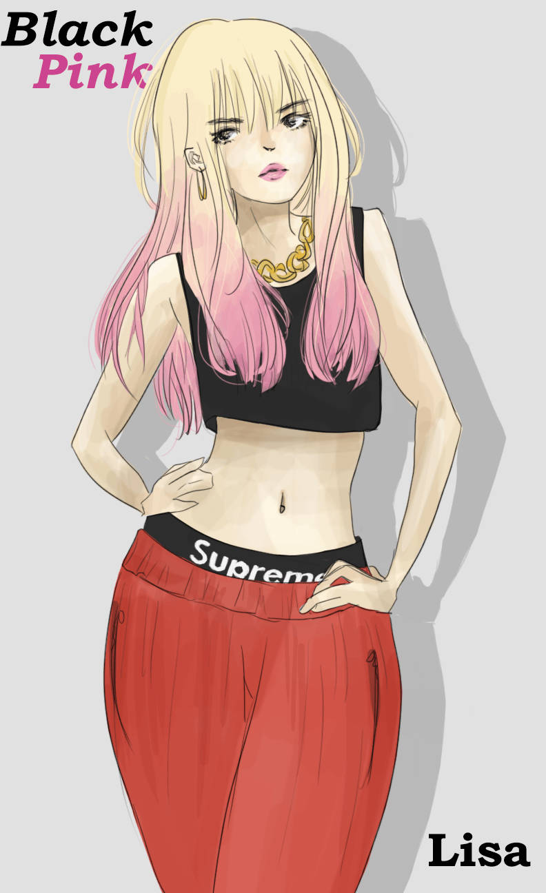lisa 桌布 壁紙 — Black Pink 的 Lisa 動漫風格肖像，金髮到粉紅髮，穿著黑色露臍上衣和紅色 Supreme 褲子。