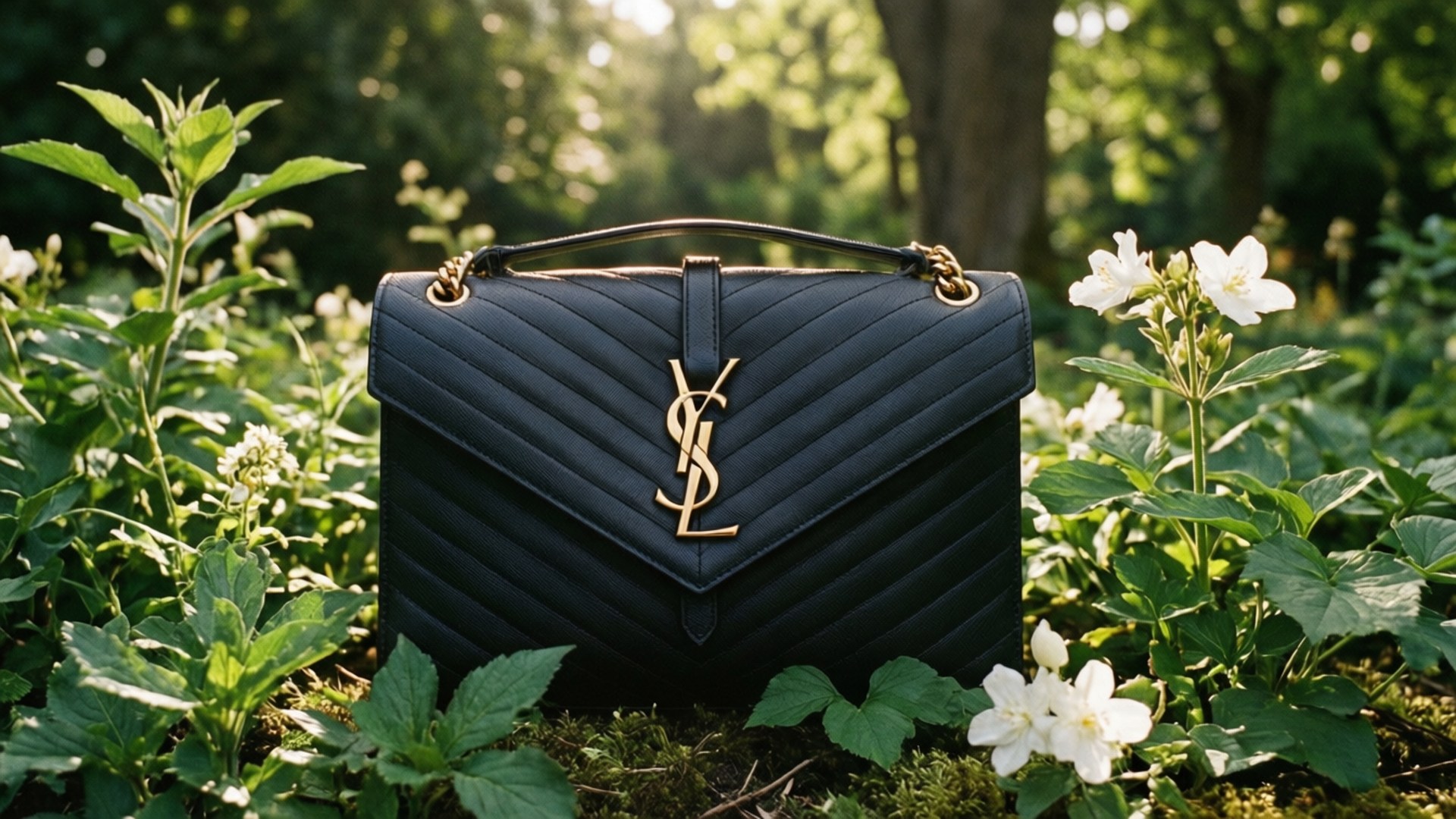 YSL Bag in Garden 壁紙 — 一個黑色絎縫YSL手袋配金色五金配件，在陽光明媚的花園中，放在綠色樹葉和白色花朵之間。