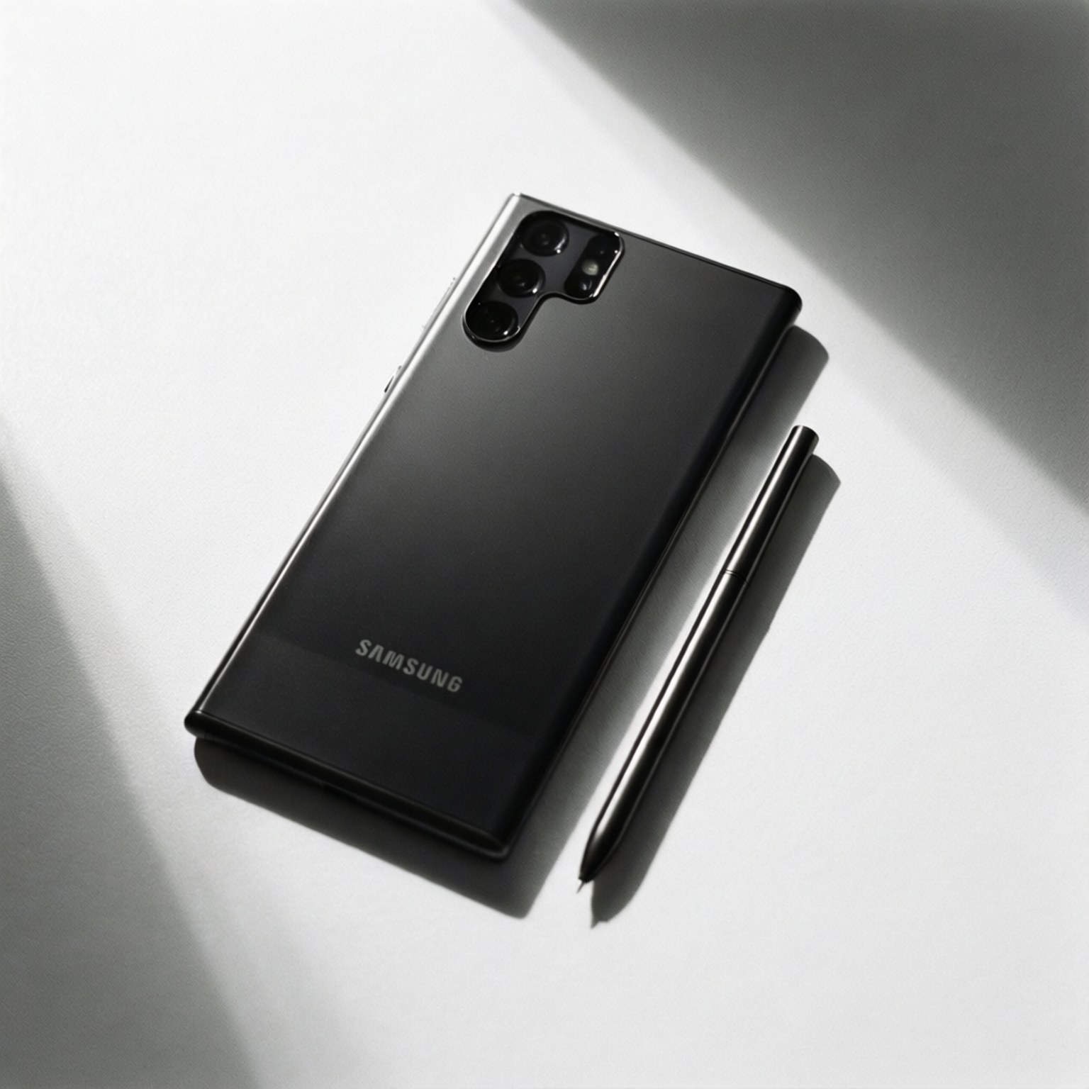 Minimalist Note 10 壁紙 — 一部時尚的黑色三星智慧型手機及其 S Pen 在戲劇性燈光下放在極簡白色表面上。