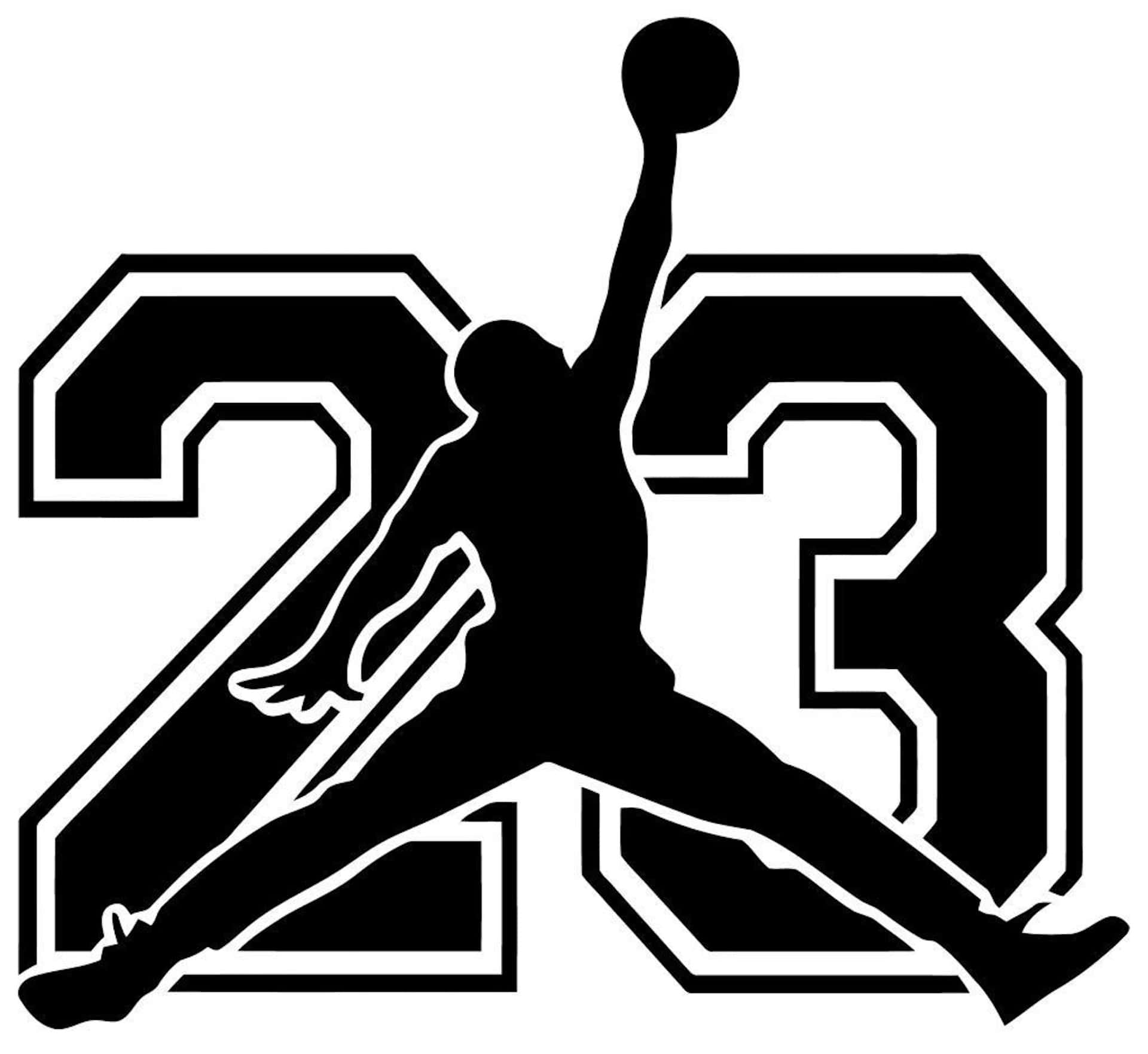  壁紙 — 籃球運動員在空中飛身灌籃越過粗體大數字23的黑色剪影。
