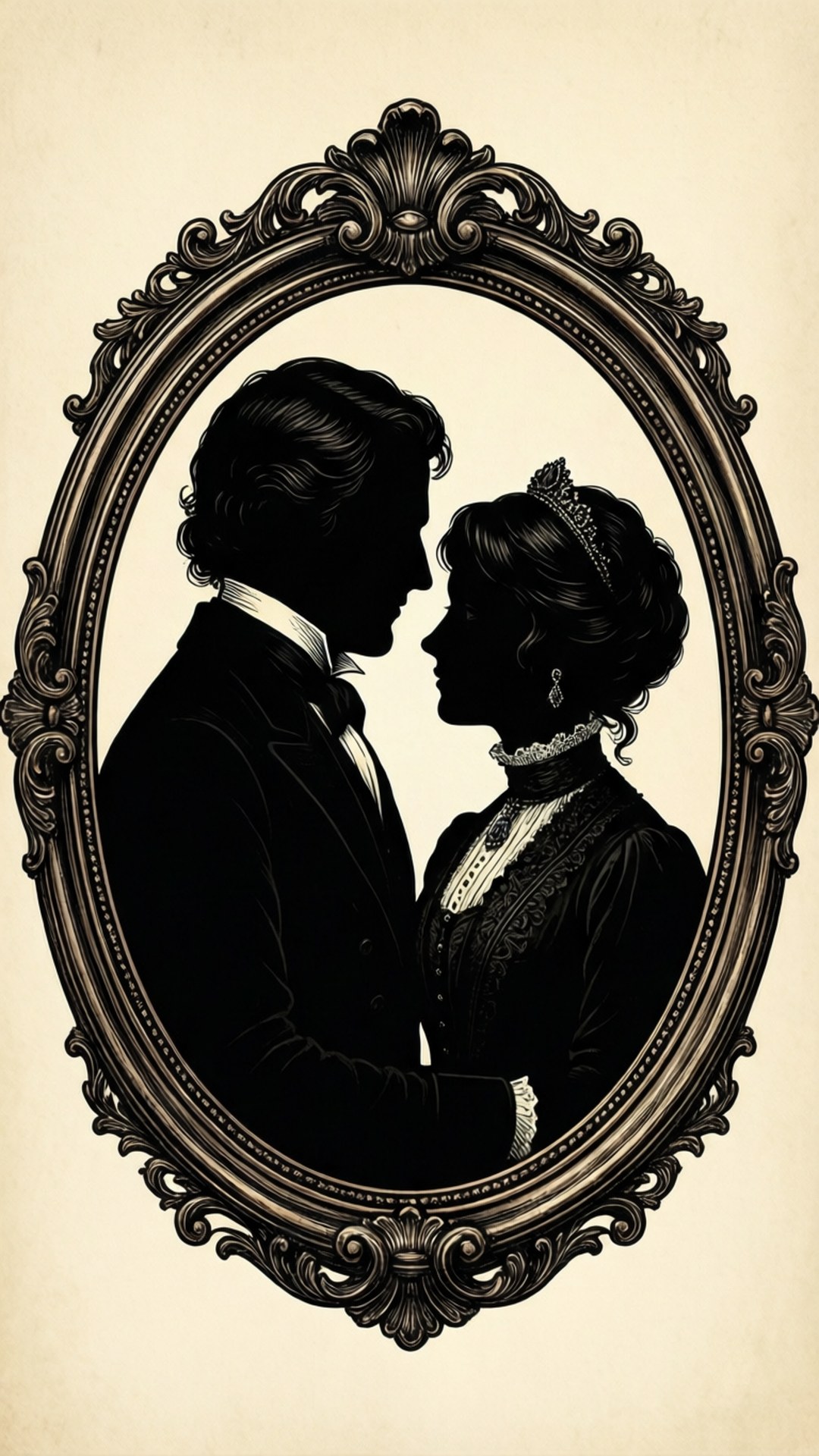 Victorian Silhouette Portrait 壁紙 — 一對維多利亞時代夫婦的黑色剪影，在華麗的畫框中面對面側面像。