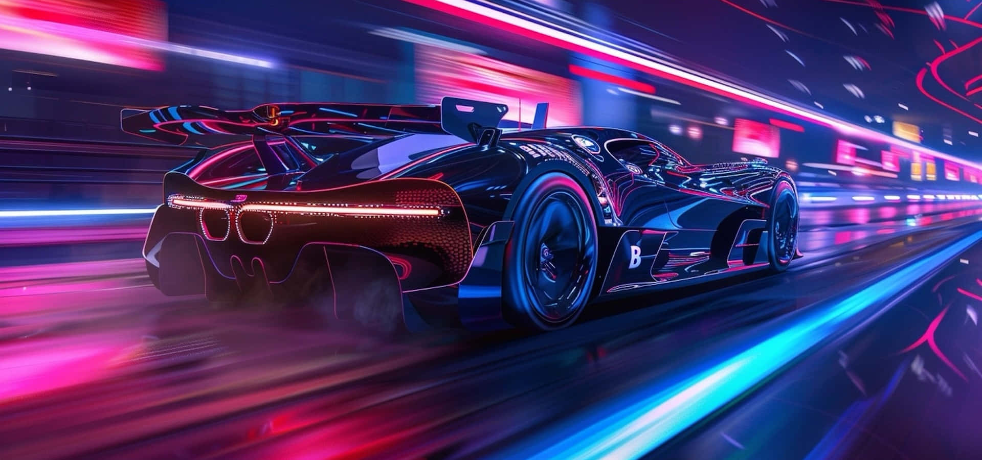 Bugatti Bolide 桌布 壁紙 — 一輛流線型黑色跑車在充滿霓虹燈的未來城市街道上奔馳，帶有粉紅色和藍色的光條。