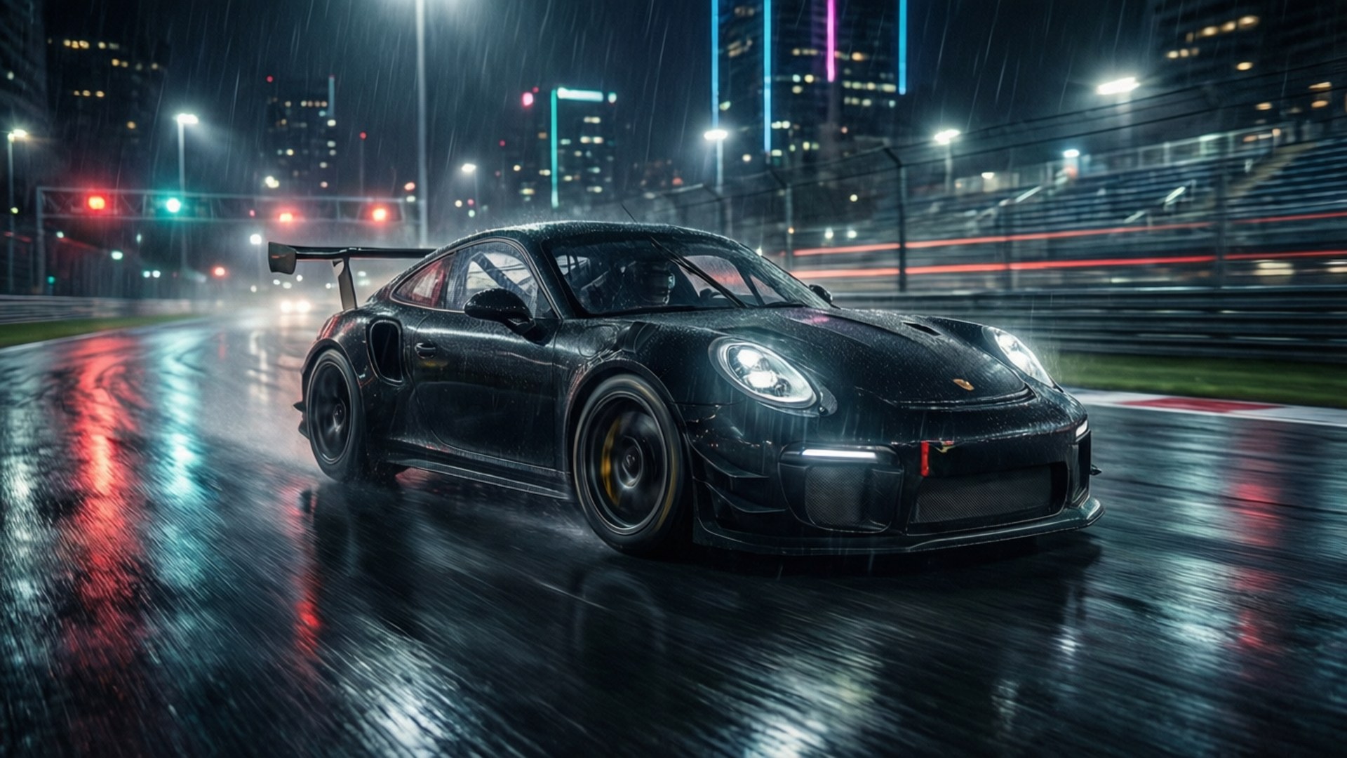 Gran Turismo 桌布 壁紙 — 一輛時尚的黑色跑車在夜間疾馳於雨濕的城市街道，霓虹燈光反射在濕漉漉的路面上。