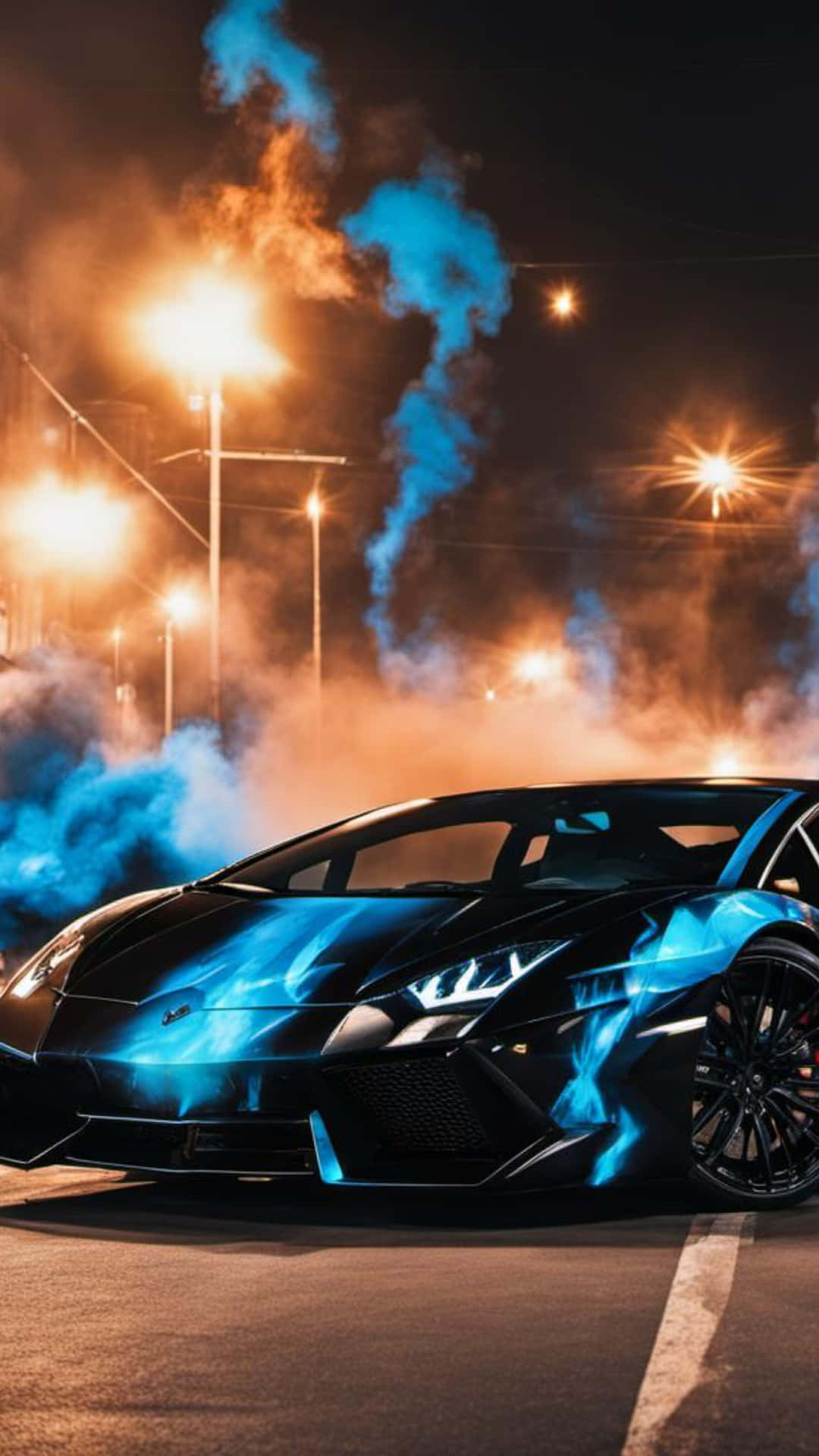  壁紙 — 一輛黑色跑車車身帶有發光藍色火焰，在夜晚明亮的街燈下，於煙霧瀰漫的城市街道上飄移。