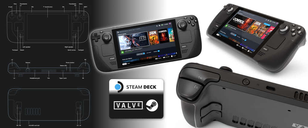  壁紙 — 黑色 Steam Deck 手提遊戲機從多個角度展示，附有技術圖紙和遊戲庫顯示。